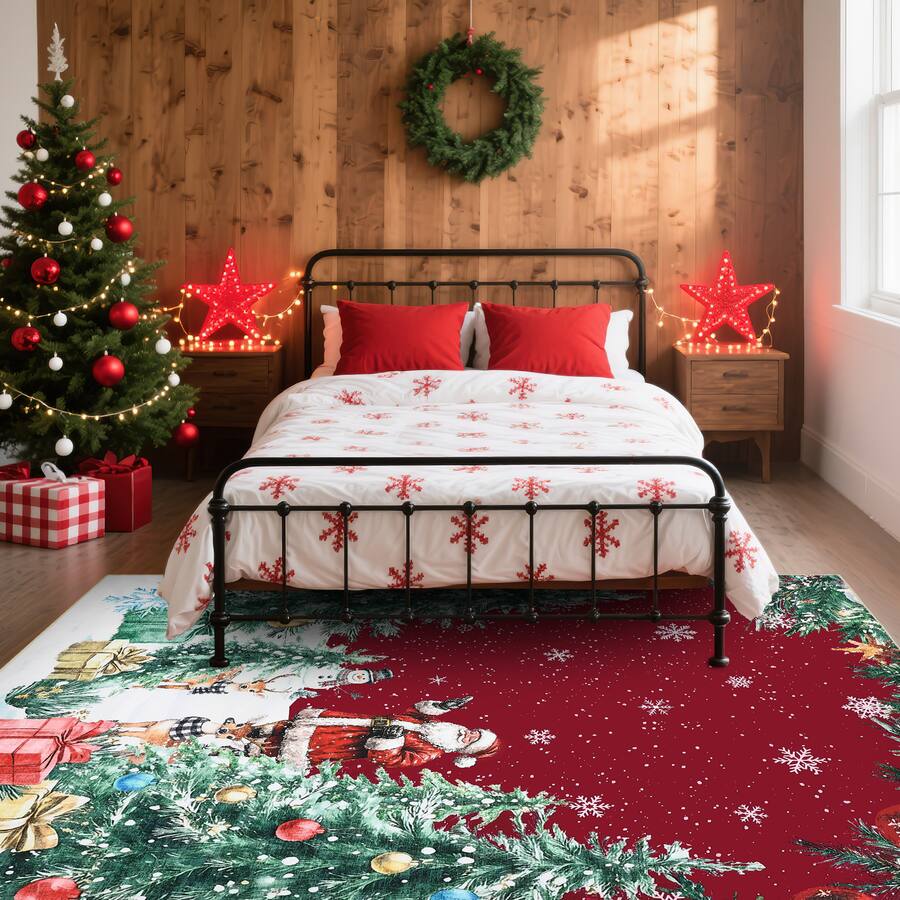 Acekool 4x6 ft Christmas Area Rug, Santa & Snowy Trees Print, Washable ...
