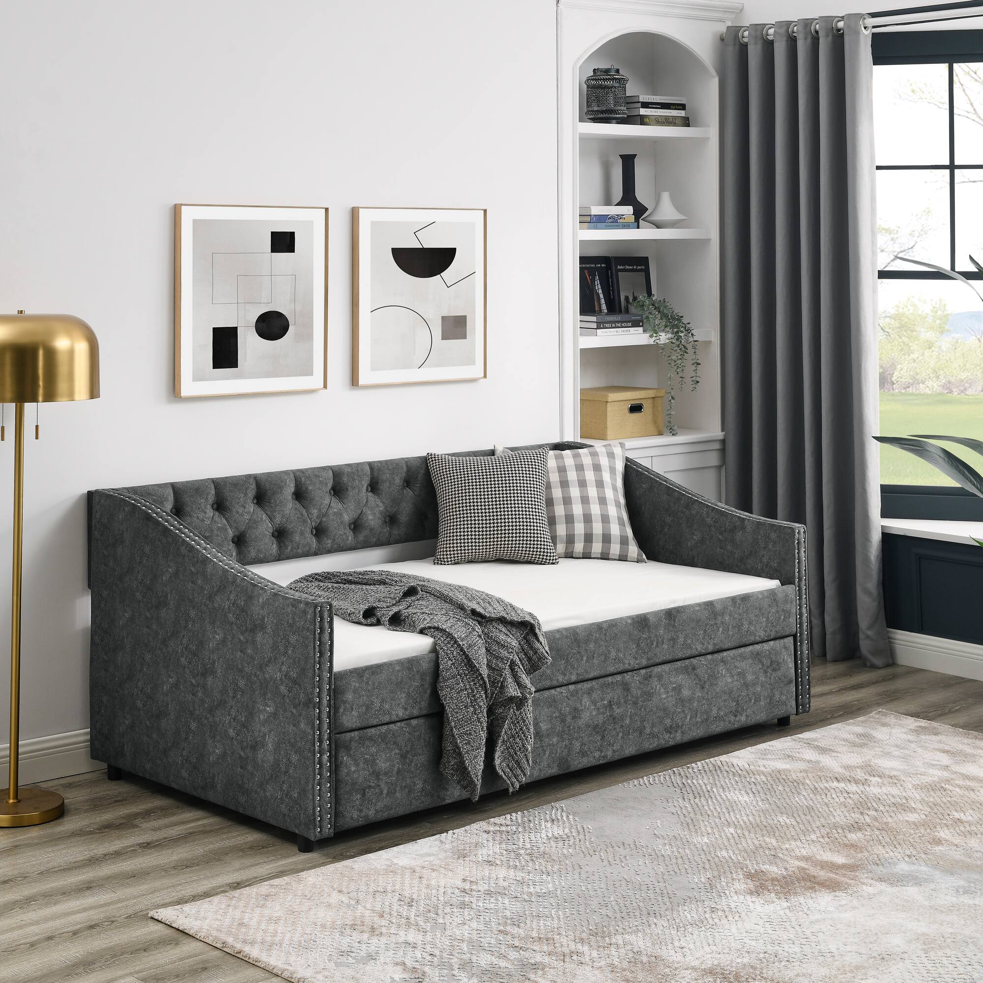Left. Tiramisubest - Twin Size Daybed with Twin Size Trundle Upholstered Tufted Sofa Bed, Grey (80.5"x41"x30.5") - Grey.