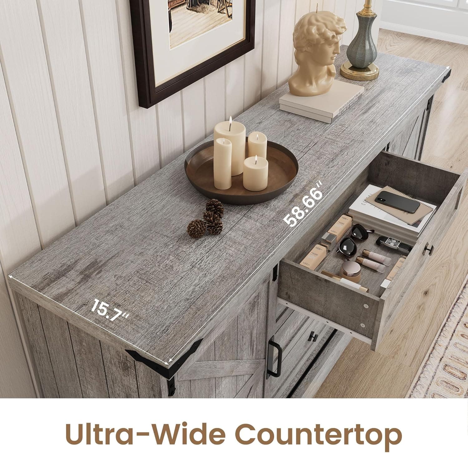 Qeetex - 59" Farmhouse Dresser with 4 Drawers & Barn Doors, TV Stand Storage Cabinet for Bedroom, Living Room - Light Rustic Oak - ‎Light Rustic Oak