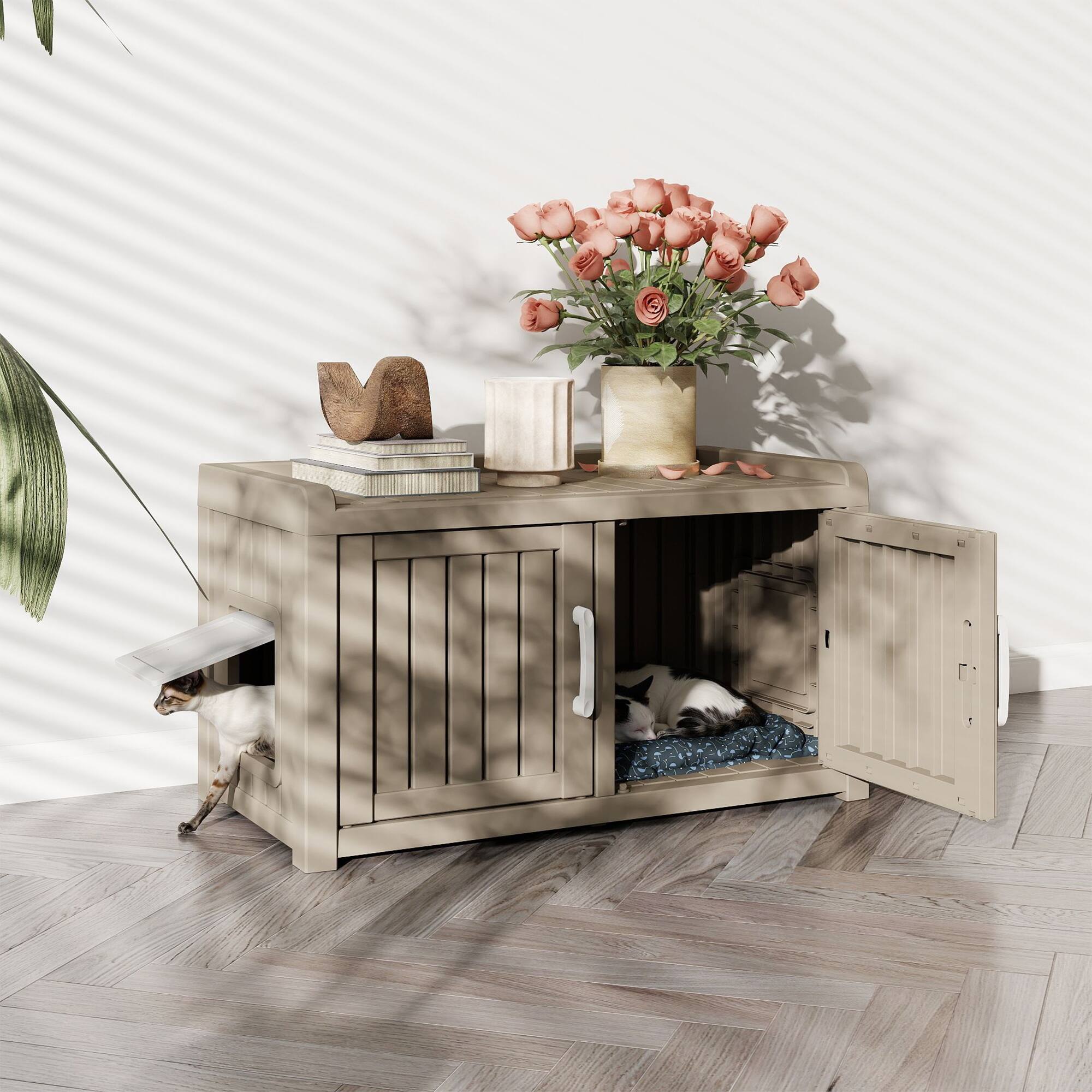 Alt View 4. Yardgrace - Cat Cabinet ,31.9"x16.7"x17.8", HDPE Hidden Cat Litter Furniture, Dual-Door, Litter Box Furniture for Bedroom, Courtyard - Brown.