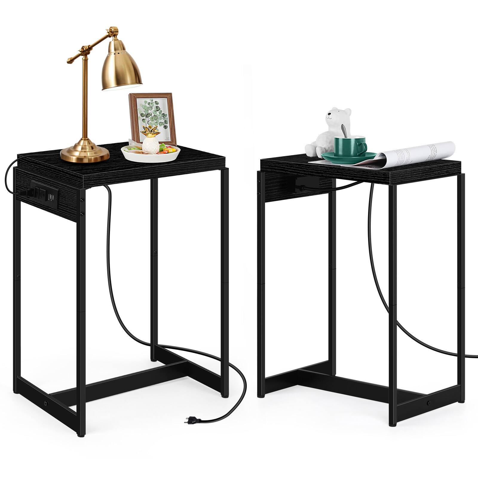 Back. Oumilen - 2-Pack Black End Tables with Charging Station, Industrial Wood Side Tables with 2 AC Outlets & 2 USB Ports - Black.