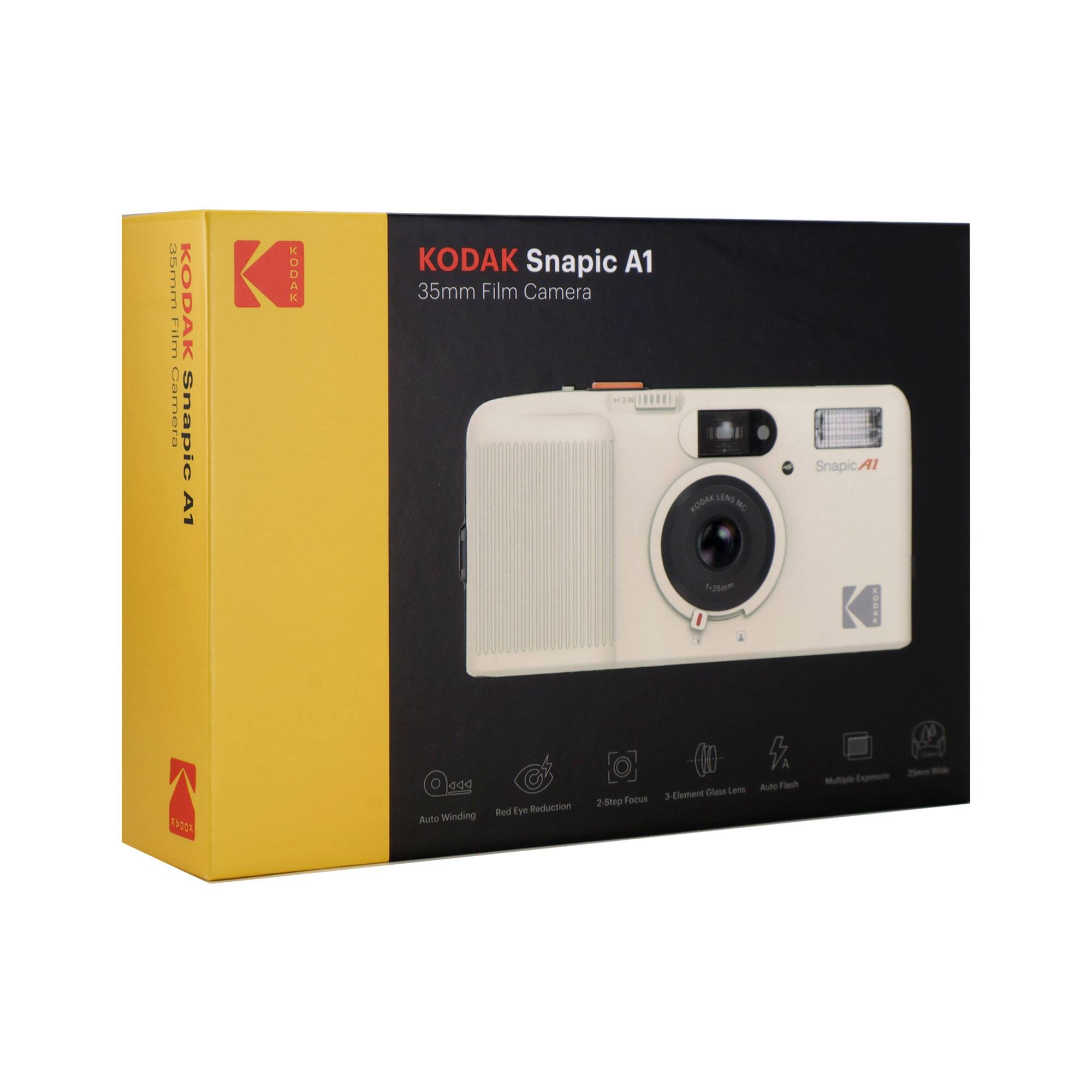 35mm KODAK Snapic A1 ADOOA KODAK Snapic A1 35mm Film Camera KOOAL LEMG ME Snapic A1 hs I OBAR nu Q499 404 Auto Winding C Red Eye Reduction 2-5m40 Focum Element Class Leos 3 Auto Flash -t 1 - -