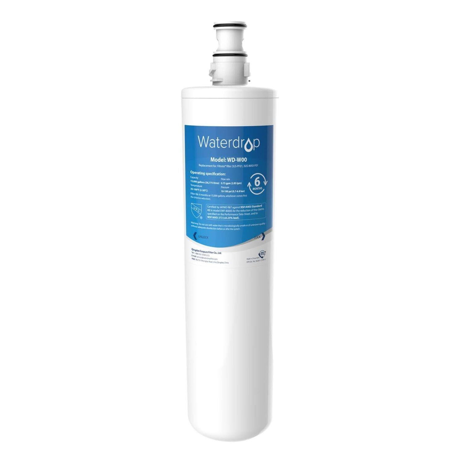 Waterdrop  
Model: WD-W00  
Operating specification  
Capacity: 15.8L (5.3 gal)  
6 stages of filtration  
Certified by NSF/ANSI Standard 42, 401, 53, 58, 533  
Waterdrop Filter Co., Ltd.  
Shenzhen, China  
www.waterdropfilter.com