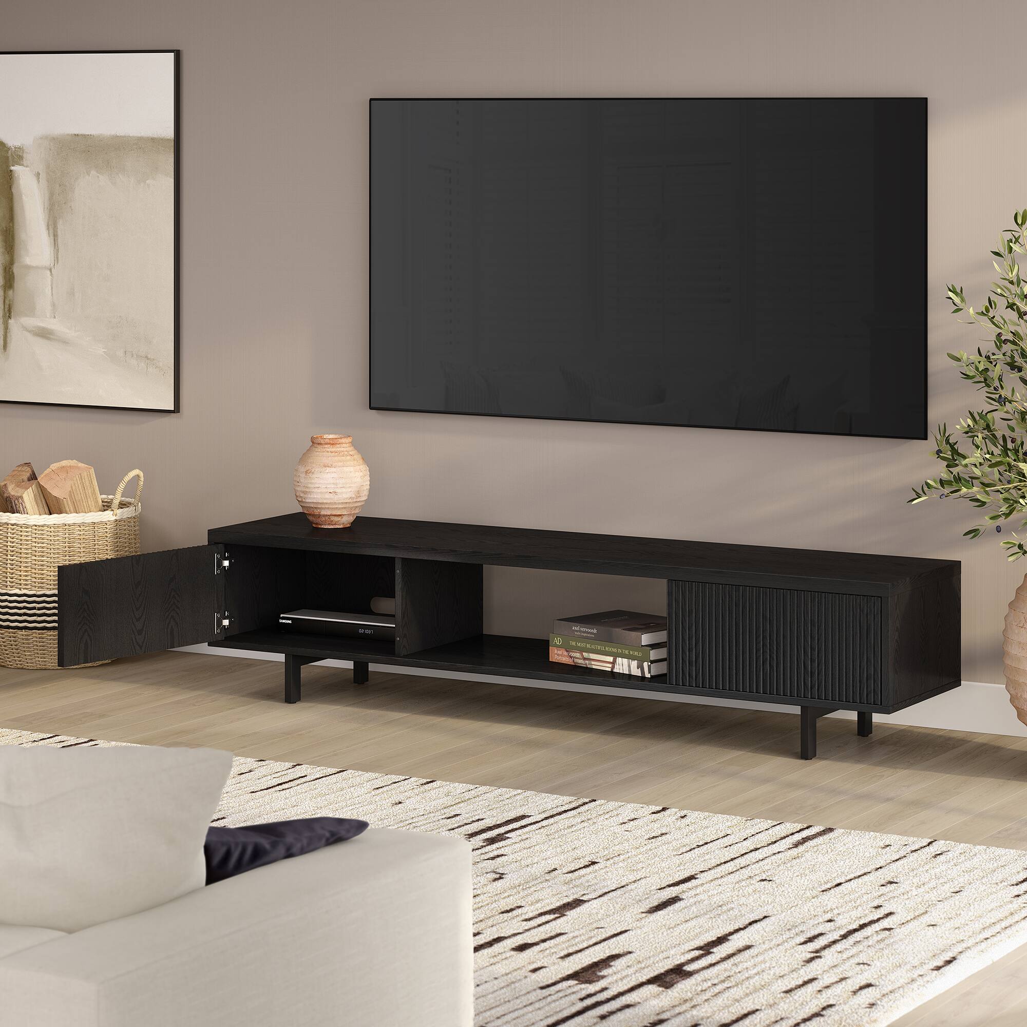 Alt View 4. Hudson&Canal - Lucien Rectangular Fluted TV Stand for TV's up to 78" in Black Grain - Black Grain.