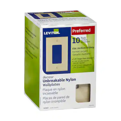 Sure, here is the corrected and grouped text from the image:
---
**LEVITON**
**Preferred Pack 10 Units**
**size: medium/midway**
**Format: moyen**
**Tamaño: mediano**
**3/8" larger than standard**
**1 cm, de plus que le format régulier**
**3/8" (1 cm) más grande que la estandar**
**decora®**
**Unbreakable Nylon Wallplates**
**Plaque en nylon incassable**
**Placas de pared de nylon irrompible**
**IVORY**
**IVOIRE**
**MARFIL**
**P26-IM**
---
This text is organized to reflect the information on the packaging, including the brand, product details, and specifications.