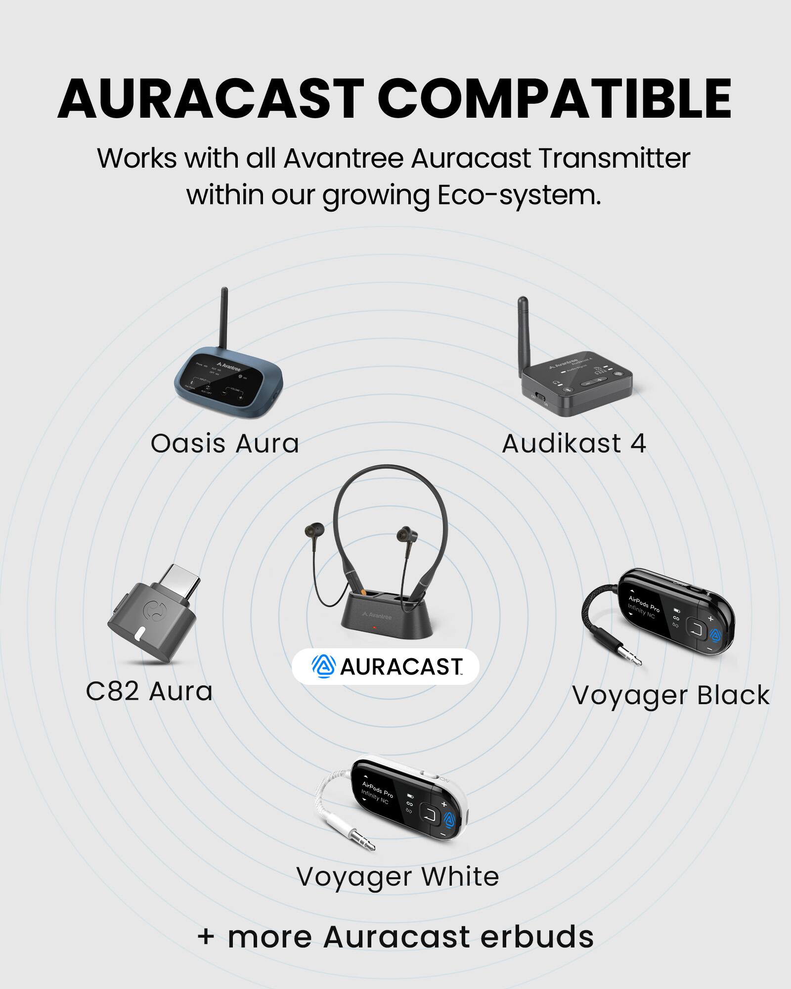 AURACAST COMPATIBLE  
Works with all Avantree Auracast Transmitter within our growing Eco-system.  

- Oasis Aura  
- Audikast 4  
- C82 Aura  
- Voyager Black  
- Voyager White  
- + more Auracast erbuds