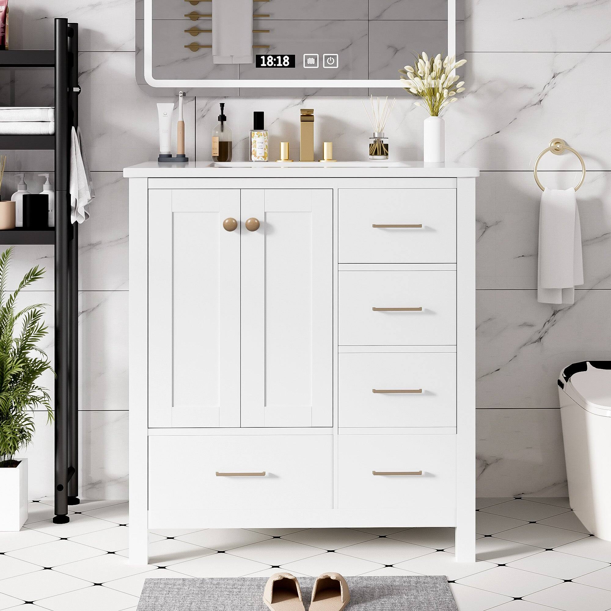 Alt View 1. Boyel Living - 30 Inch Modern Bathroom Vanity White with Ceramic Sink 4 Drawers 1 Cabinet - White.