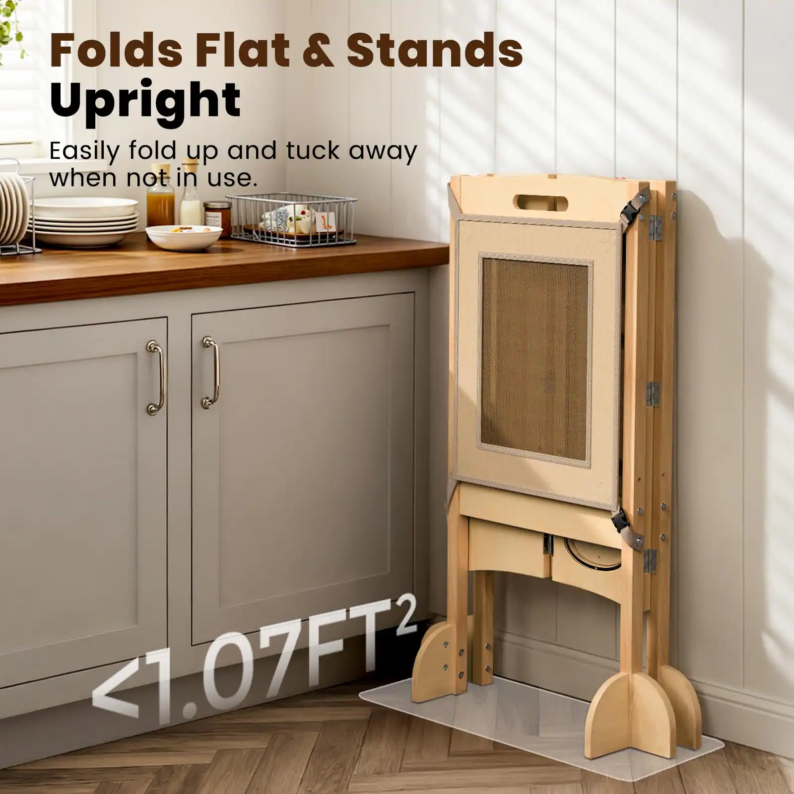 Folds Flat & Stands Upright  
Easily fold up and tuck away when not in use.  
<1.07FT²