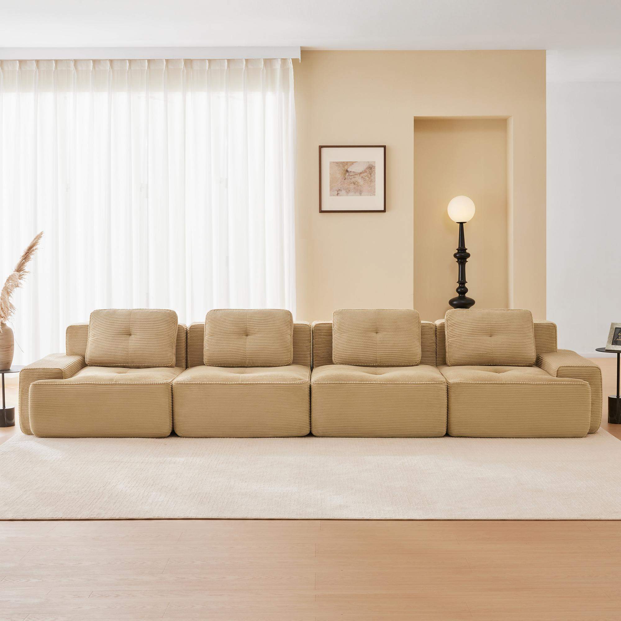 Front. Roomtec - 153 inch Modern Modular Sectional Sofa for Living Room Corduroy Fabric4Seater Couch with Deep Seat Pearllike piping - Camel.