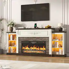 Espafurni - 85" Electric Fireplace TV Stand, Farmhouse Style w/ Charging Station & LED - White