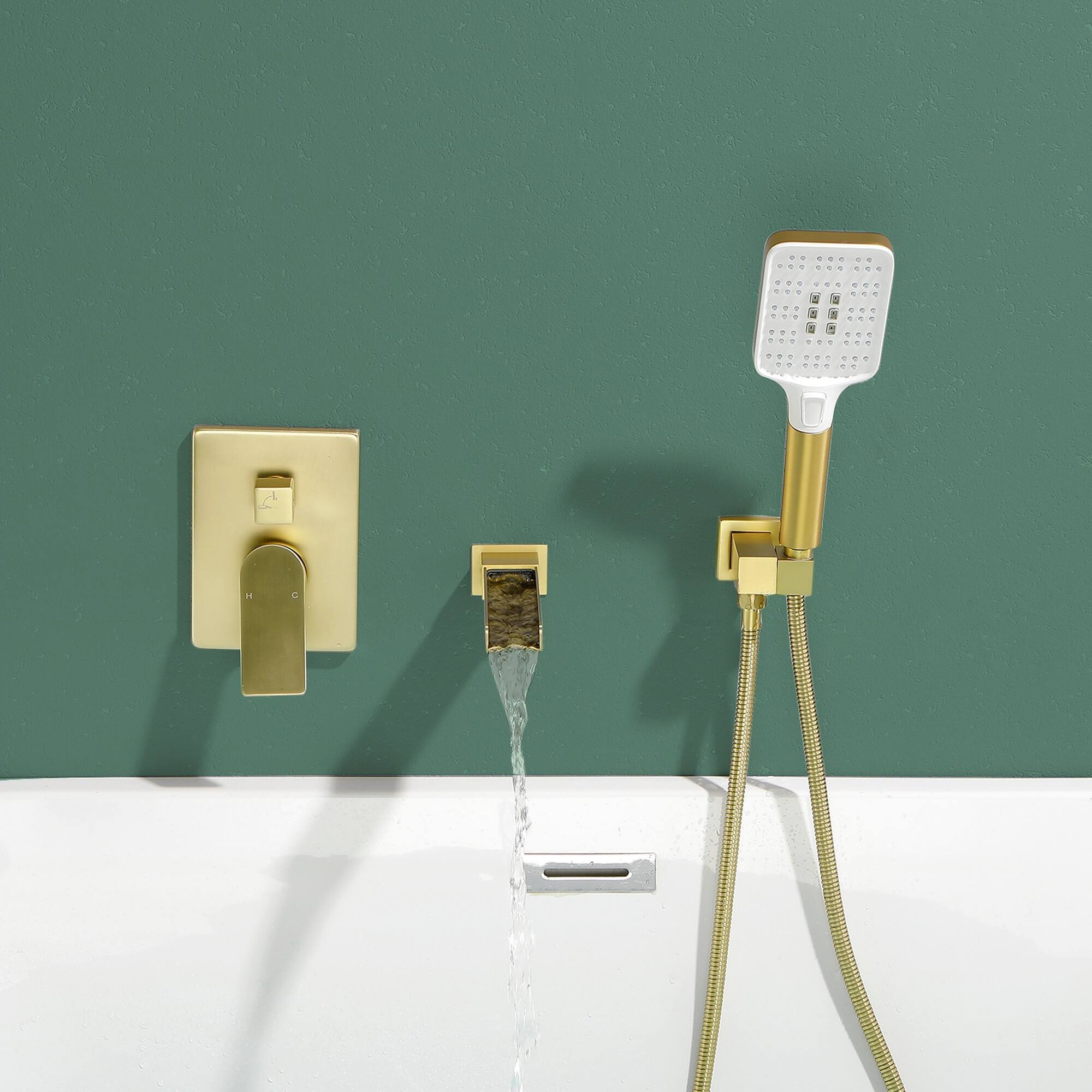 Alt View 2. Boyel Living - Brushed Gold Wall Mount Bathtub Faucet Brass 2-Function Valve 3-Function Handheld 60-Inch Steel Hose cUPC - Brushed Gold.