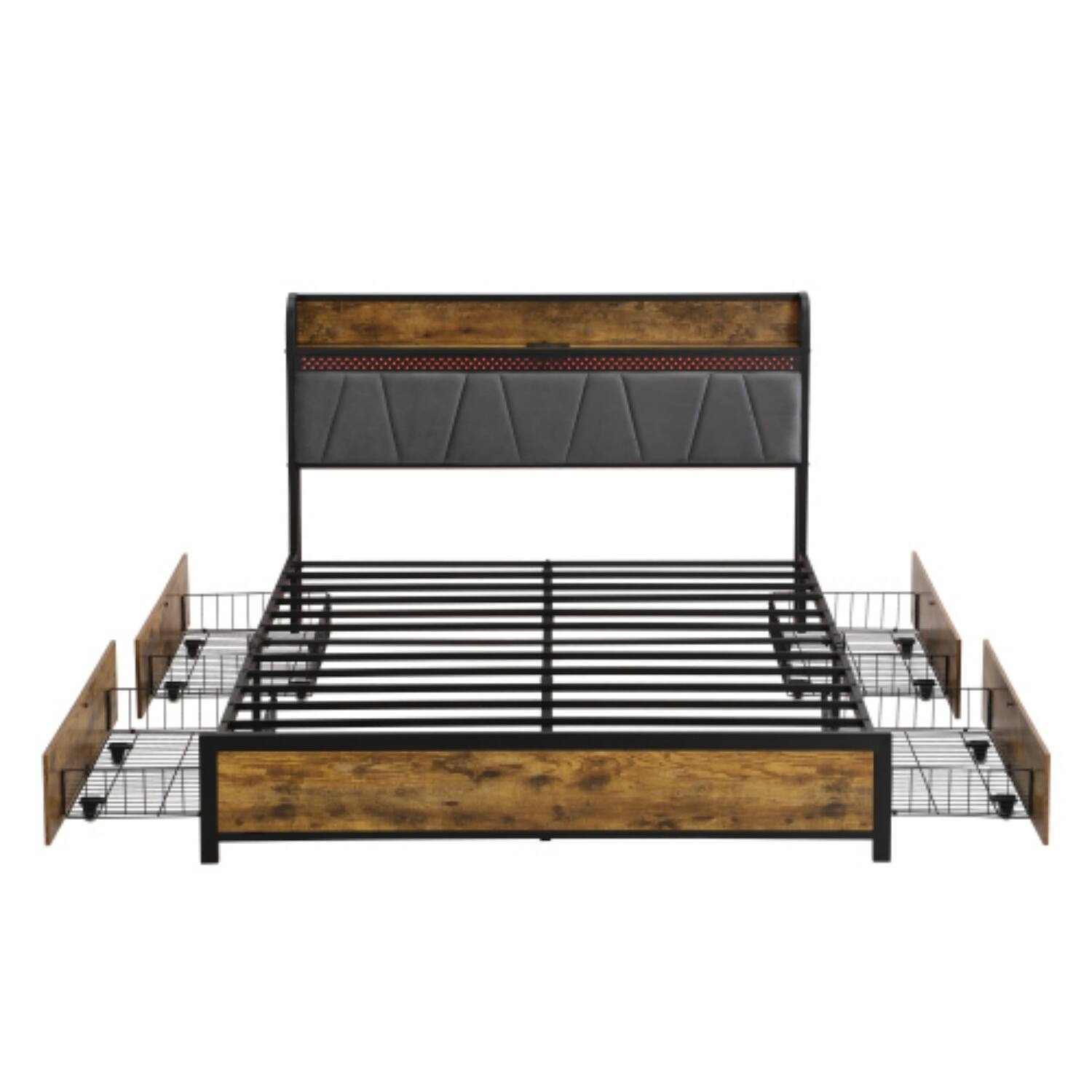 Back. LUCKY ONE - Full Size Platform Bed Frame with USB Outlets and RGB Lights, 4 Storage Drawers, Heavy Duty Metal Slats - Black+Brown+Grey.