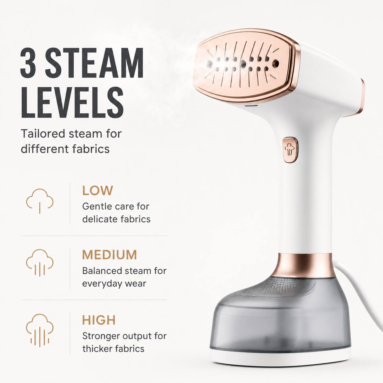 3 STEAM LEVELS  
Tailored steam for different fabrics

LOW  
Gentle care for delicate fabrics

MEDIUM  
Balanced steam for everyday wear

HIGH  
Stronger output for thicker fabrics