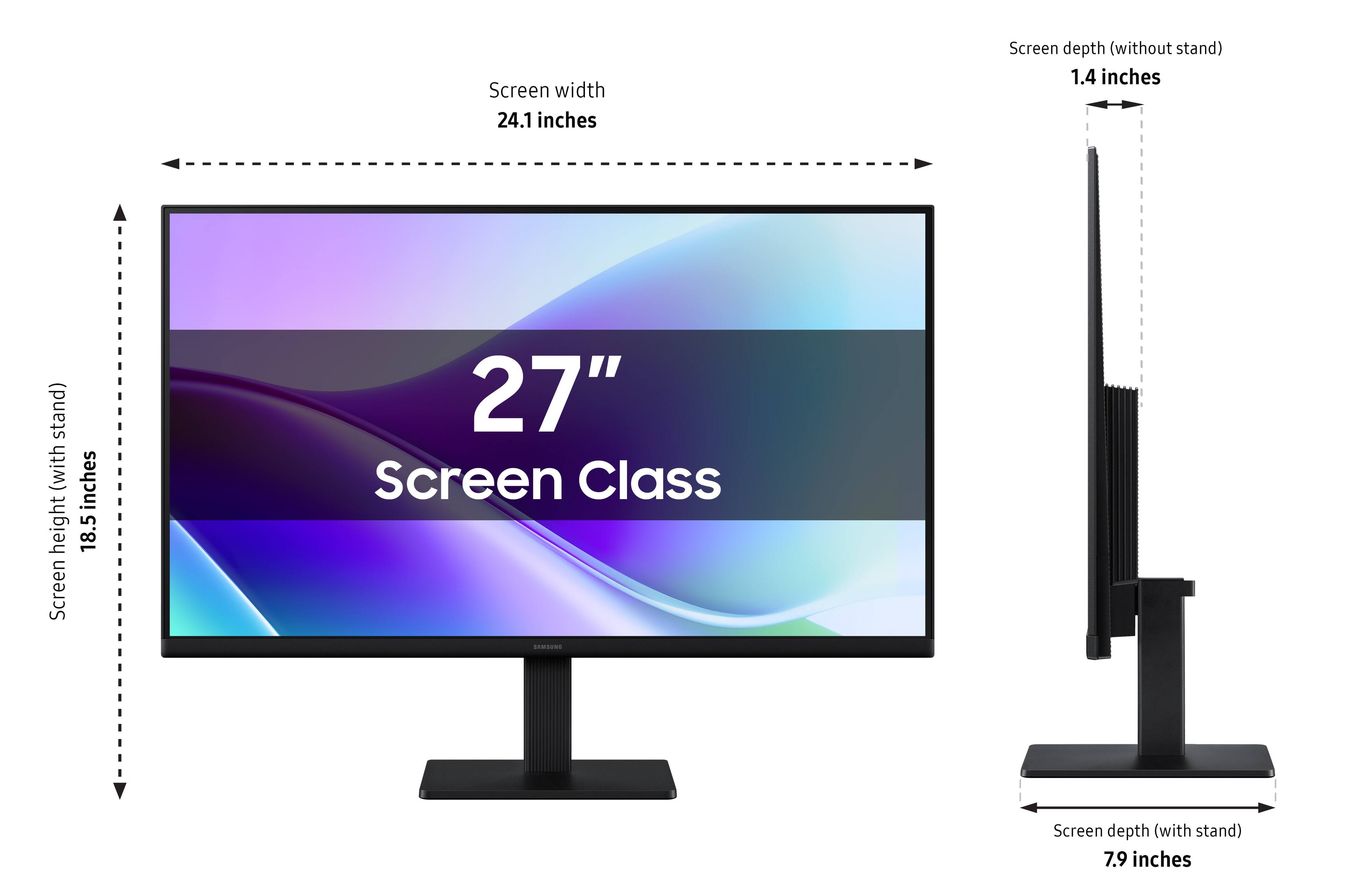 - Screen width: 24.1 inches
- Screen height (with stand): 18.5 inches
- Screen depth (without stand): 1.4 inches
- Screen depth (with stand): 7.9 inches