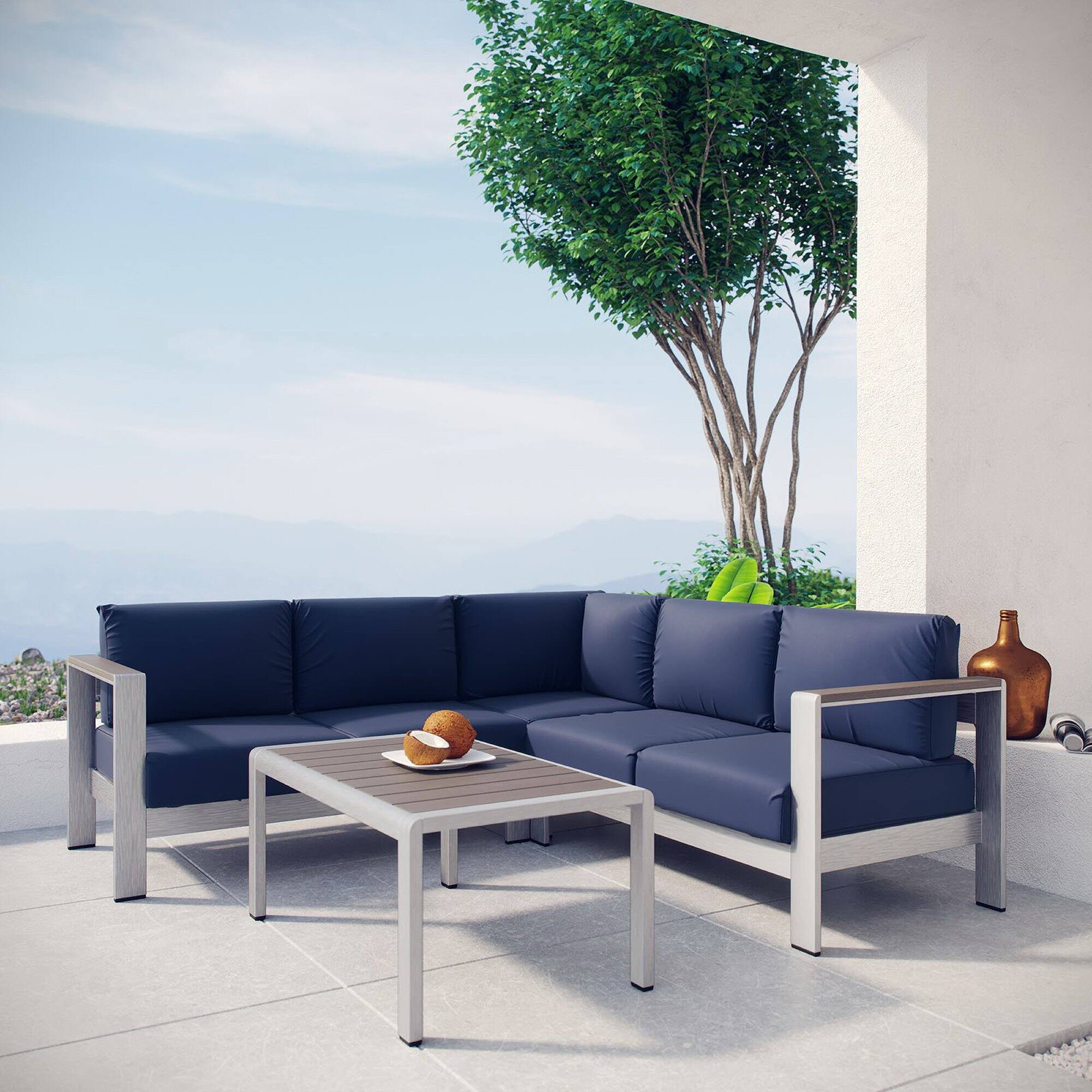 Alt View 3. Modway - Shore 4 Piece Outdoor Patio Aluminum Sectional Sofa Set by Modway - Silver Navy.