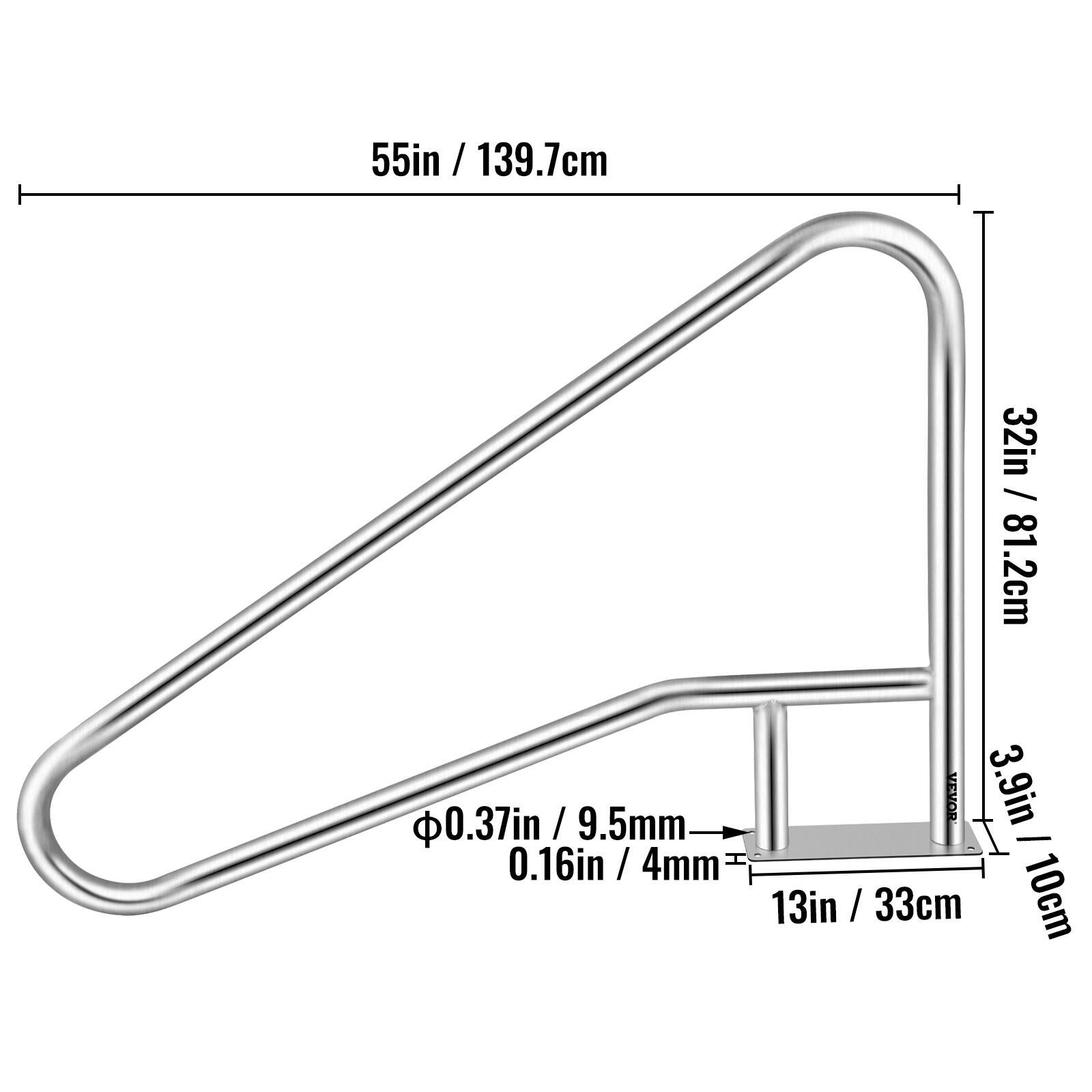 55in / 139.7cm  
32in / 81.2cm  
13in / 33cm  
3.9in / 10cm  
Φ0.37in / 9.5mm  
0.16in / 4mm