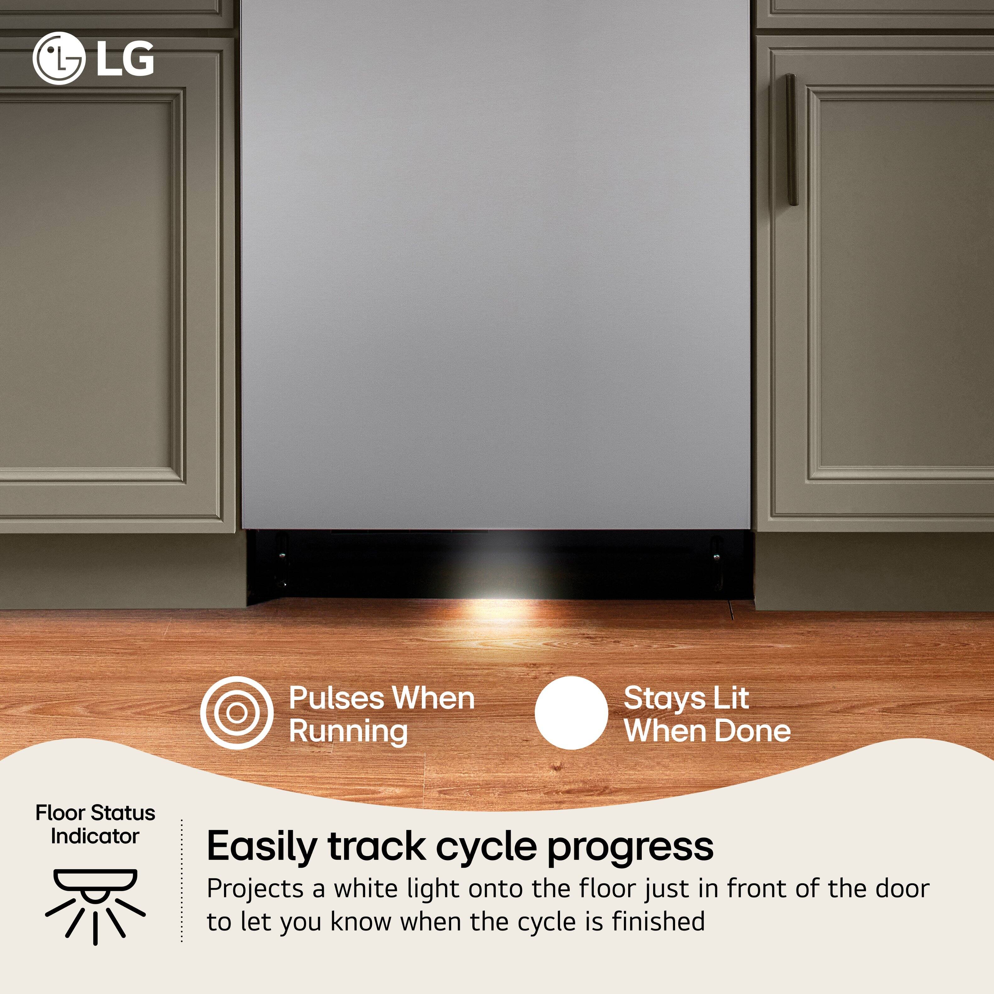 LG Pulses When Running Stays Lit When Done Floor Status Indicator Easily track cycle progress Projects a white light onto the floor just in front of the door to let you know when the cycle is finished