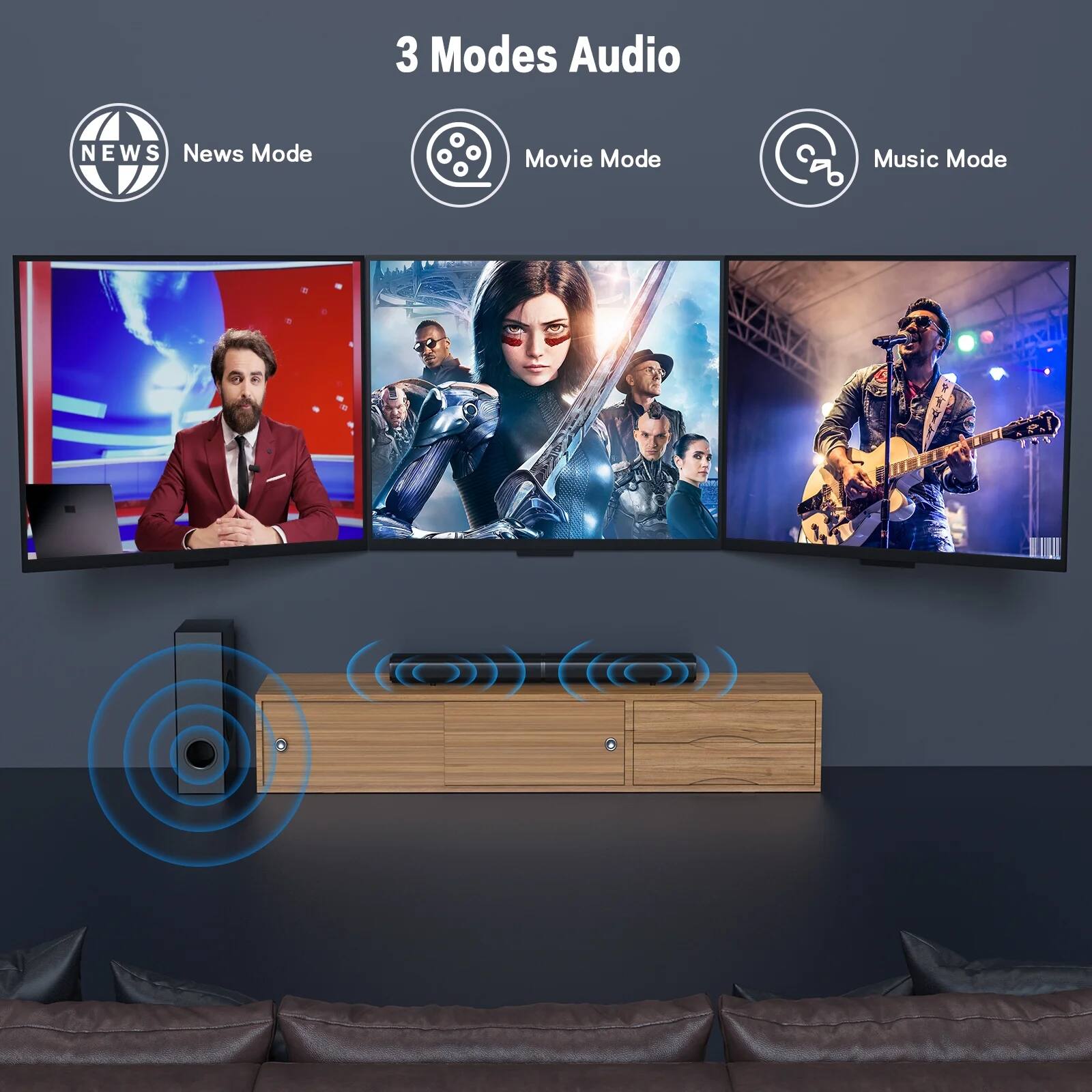 3 Modes Audio

- News Mode
- Movie Mode
- Music Mode