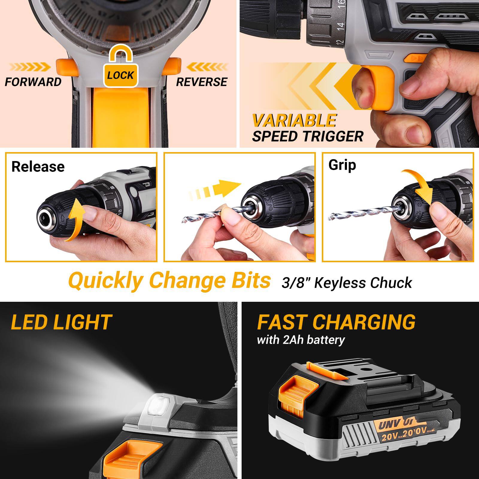 - FORWARD LOCK REVERSE
- VARIABLE SPEED TRIGGER
- Release Grip Quickly Change Bits
- 3/8" Keyless Chuck
- LED LIGHT
- FAST CHARGING with 2Ah battery
- UNV 20V 200V