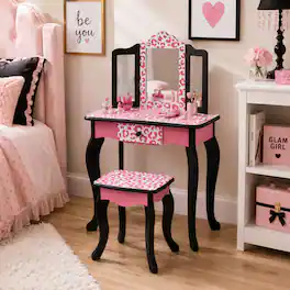 Teamson Kids - Fantasy Fields Gisele Leopard Print Kids Vanity Table & Stool, Black & Pink