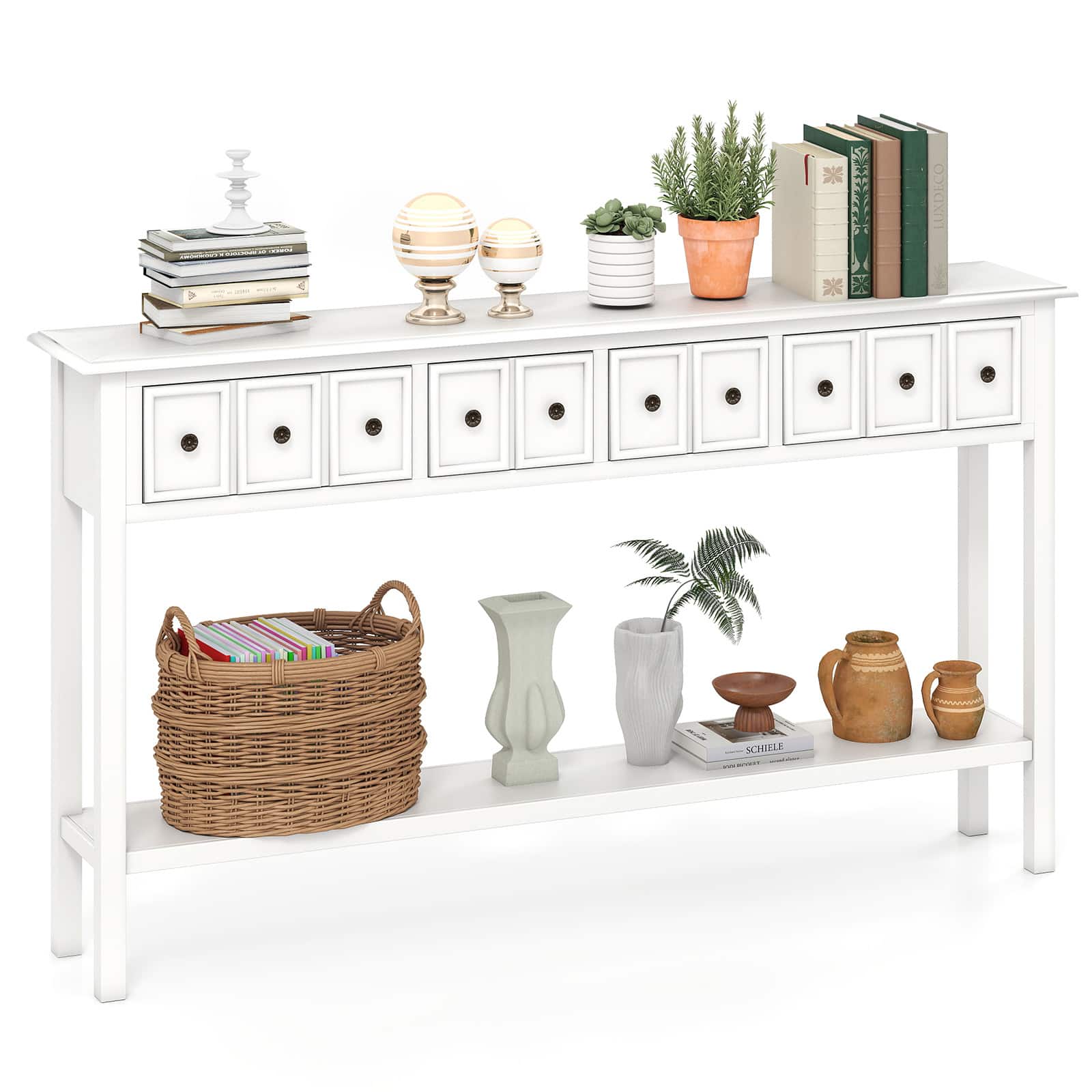 Gymax - 60'' Long Narrow Console Table w/4 Drawers & Open Storage Shelf Anti-Tip Kit - White