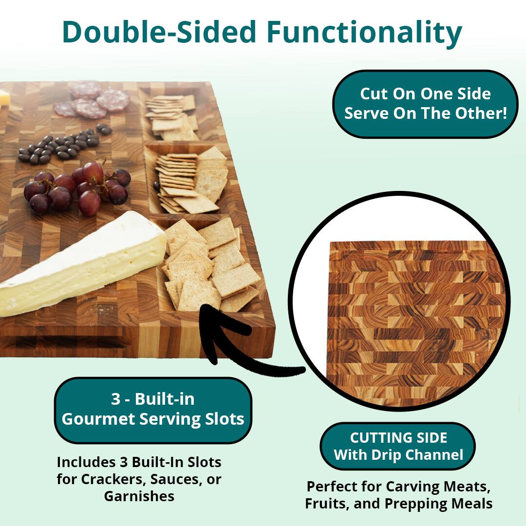 Double-Sided Functionality

Cut On One Side Serve On The Other!

3 - Built-in Gourmet Serving Slots
Includes 3 Built-In Slots for Crackers, Sauces, or Garnishes

CUTTING SIDE With Drip Channel
Perfect for Carving Meats, Fruits, and Prepping Meals