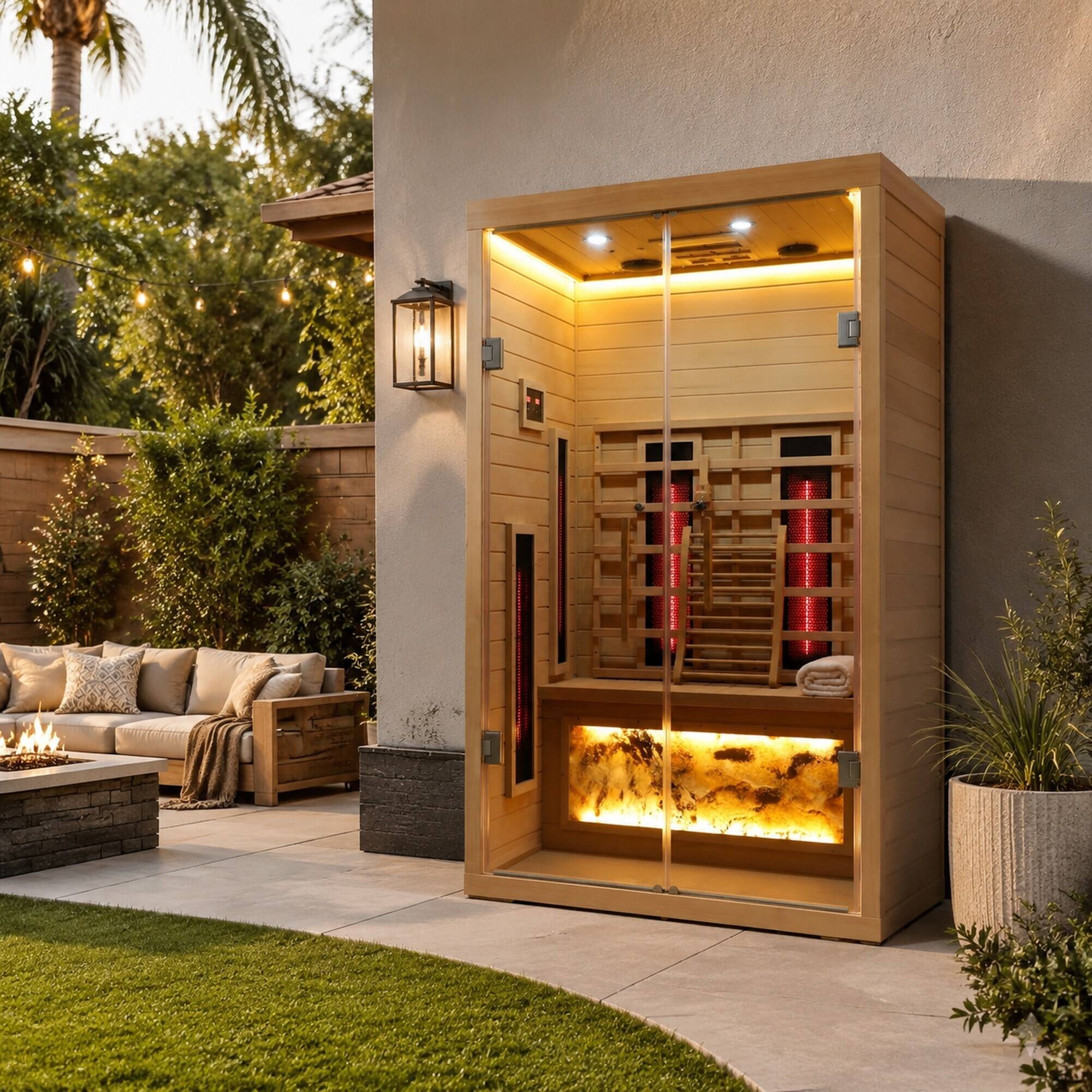 Left. RYHNUYNE - Two-Person Hemlock Wood Far-Infrared Sauna Room, Clear Wood Grain, Carbon Crystal Heating Panels, Indoor Use - Natural.