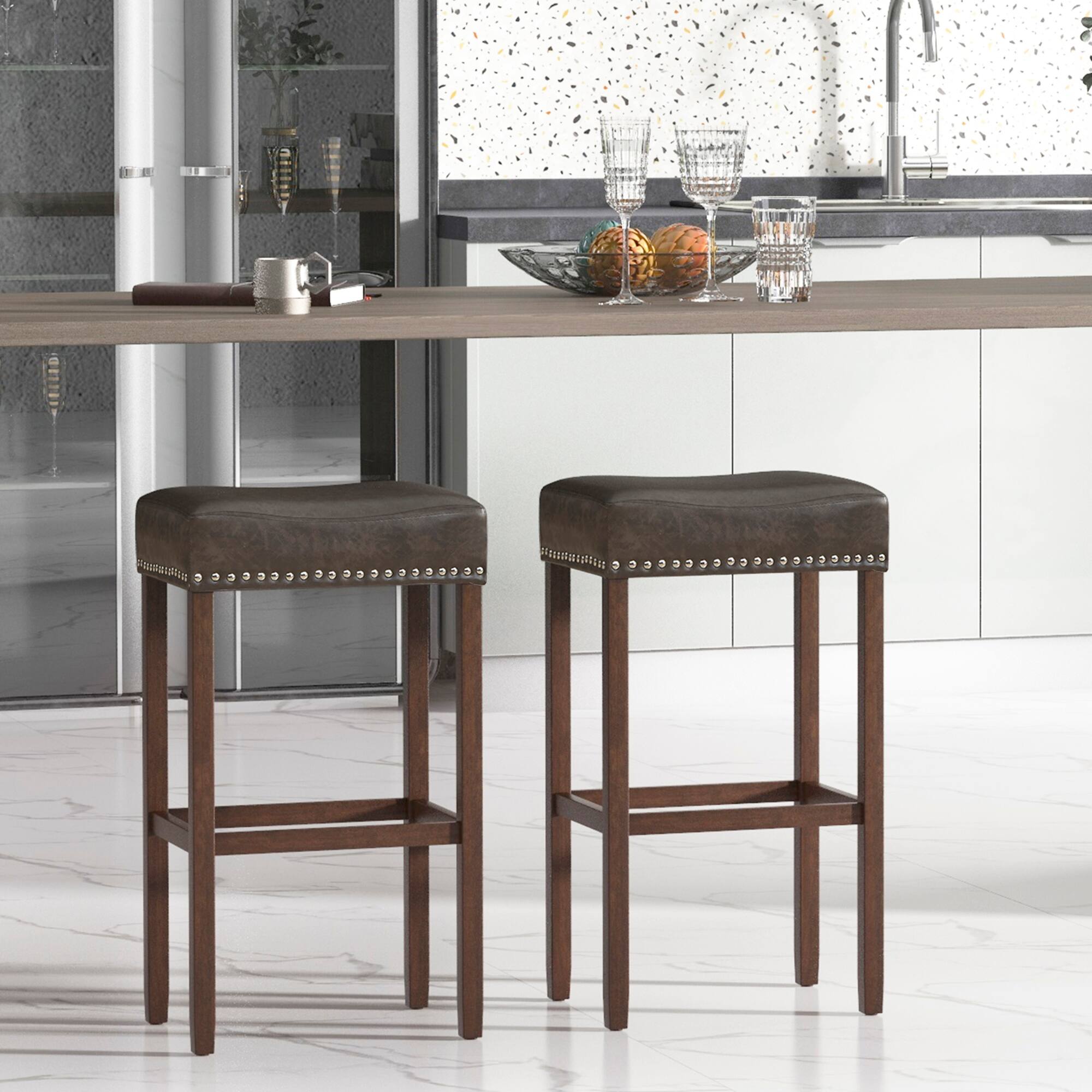 Alt View 5. Gymax - Gymax 4PCS 29.5'' Bar Stool Set Counter Height Saddle Stools with Rubber Wood Frame - Gray + Brown.