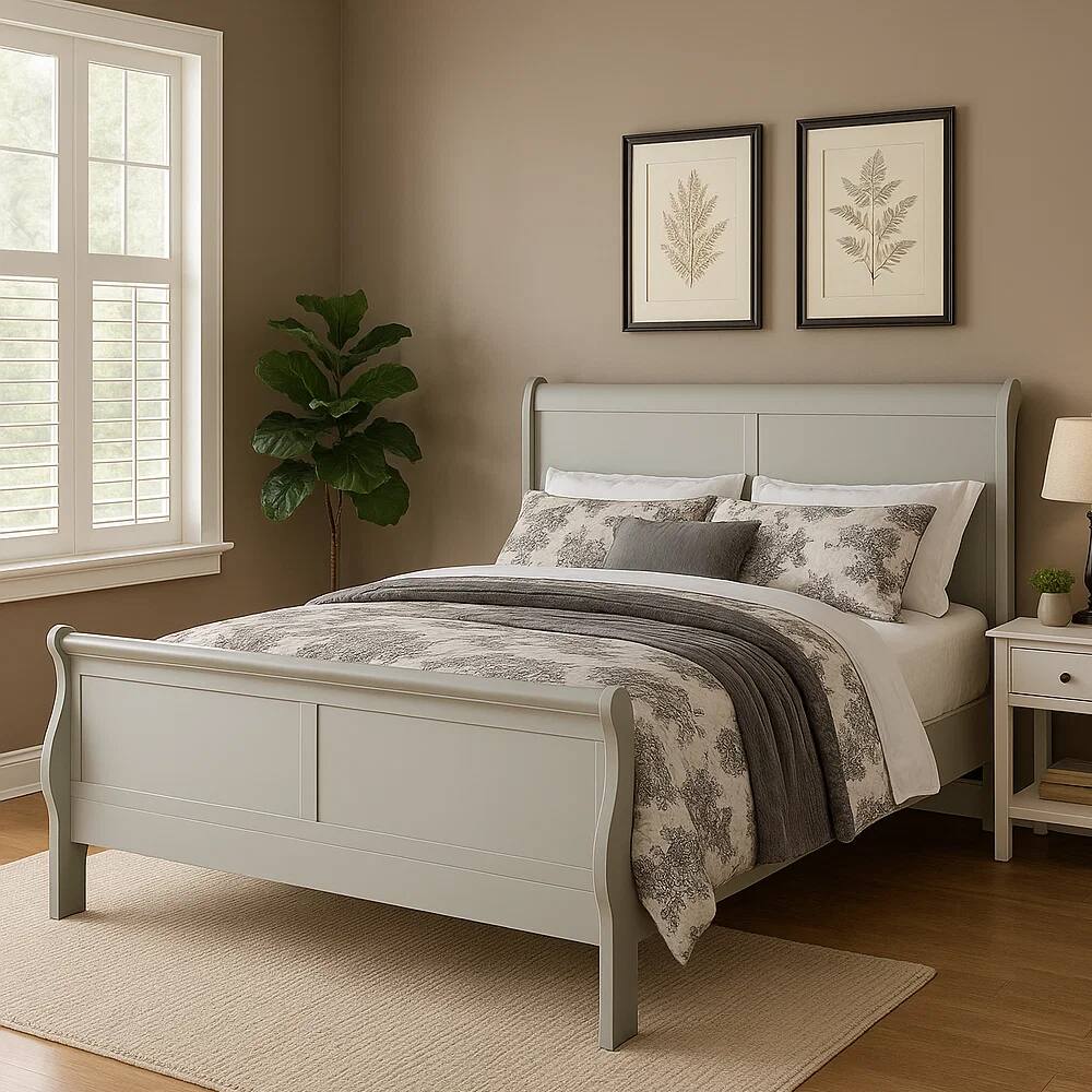 Alt View 6. Manhattan Lane - Sleigh Design Eastern King Bed with Rectangular Thin Legs, Silver - Silver.