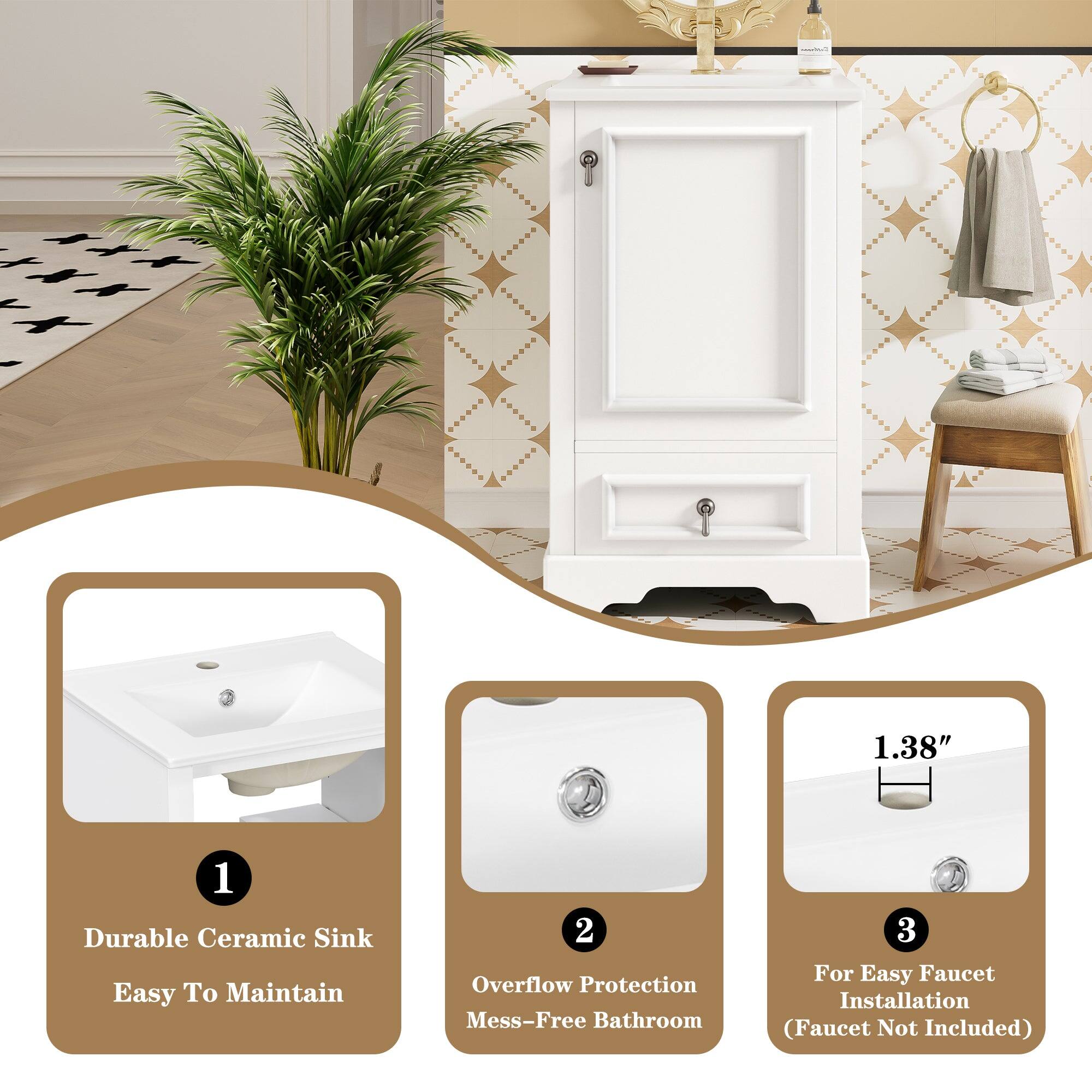 1. Durable Ceramic Sink  
   Easy To Maintain

2. Overflow Protection  
   Mess-Free Bathroom

3. For Easy Faucet Installation  
   (Faucet Not Included)