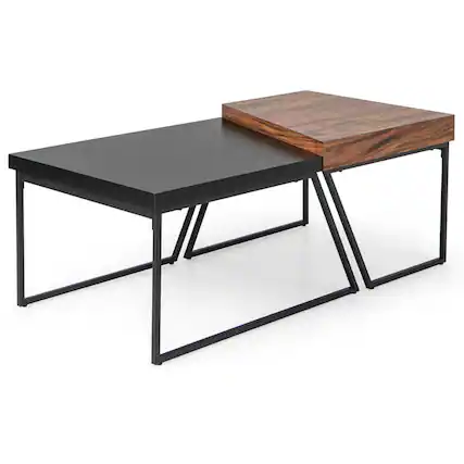 Front. Resenkos - Coffee Table Set of 2 with Powder Coated Metal Legs-Black, Modern Coffee Table for Living Room Office Reception - Brown.