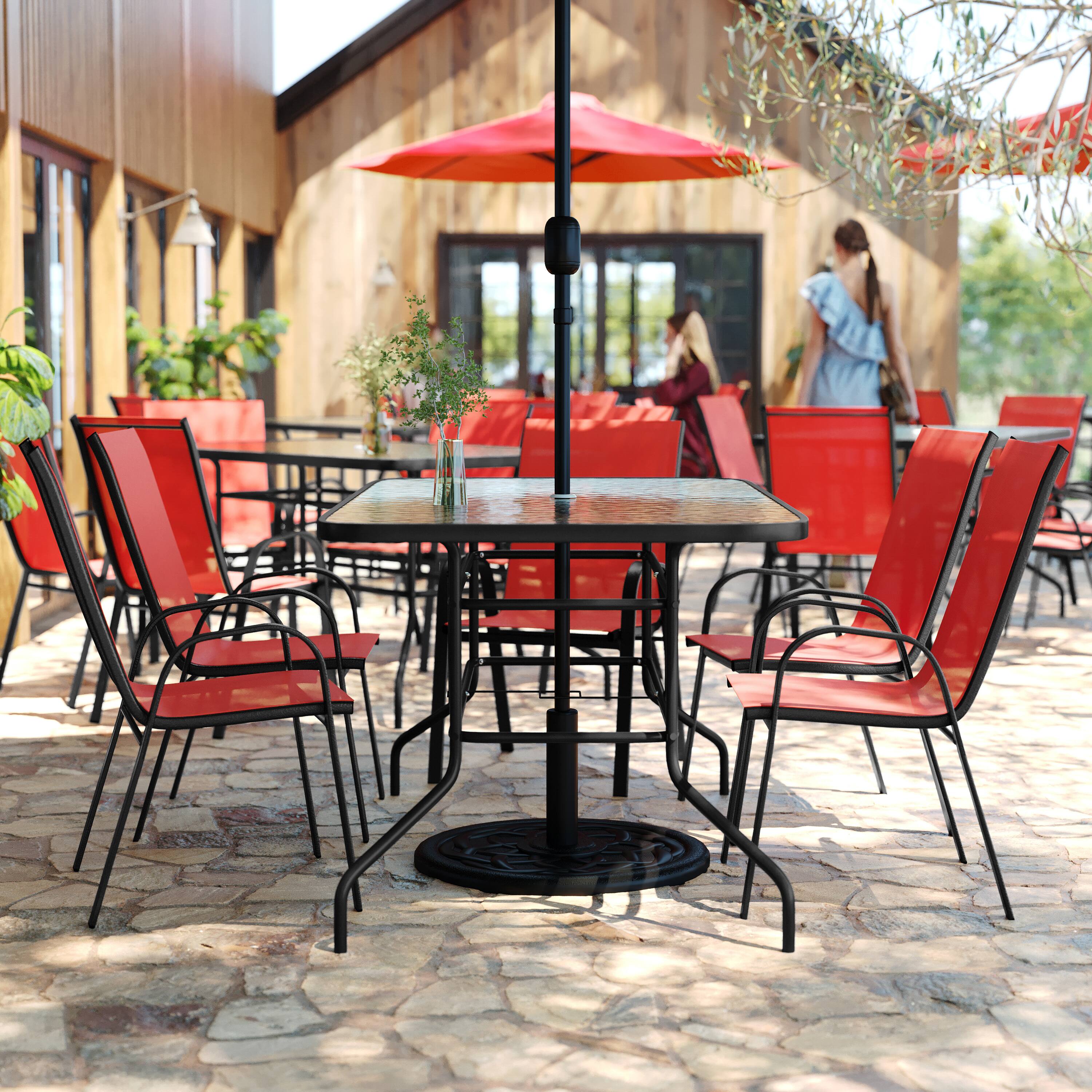 Alt View 2. Flash Furniture - Brazos 7 Piece Outdoor Patio Dining Set - 55" Tempered Glass Patio Table with Umbrella Hole, 6 Red Flex Comfort Stack Ch - Red.