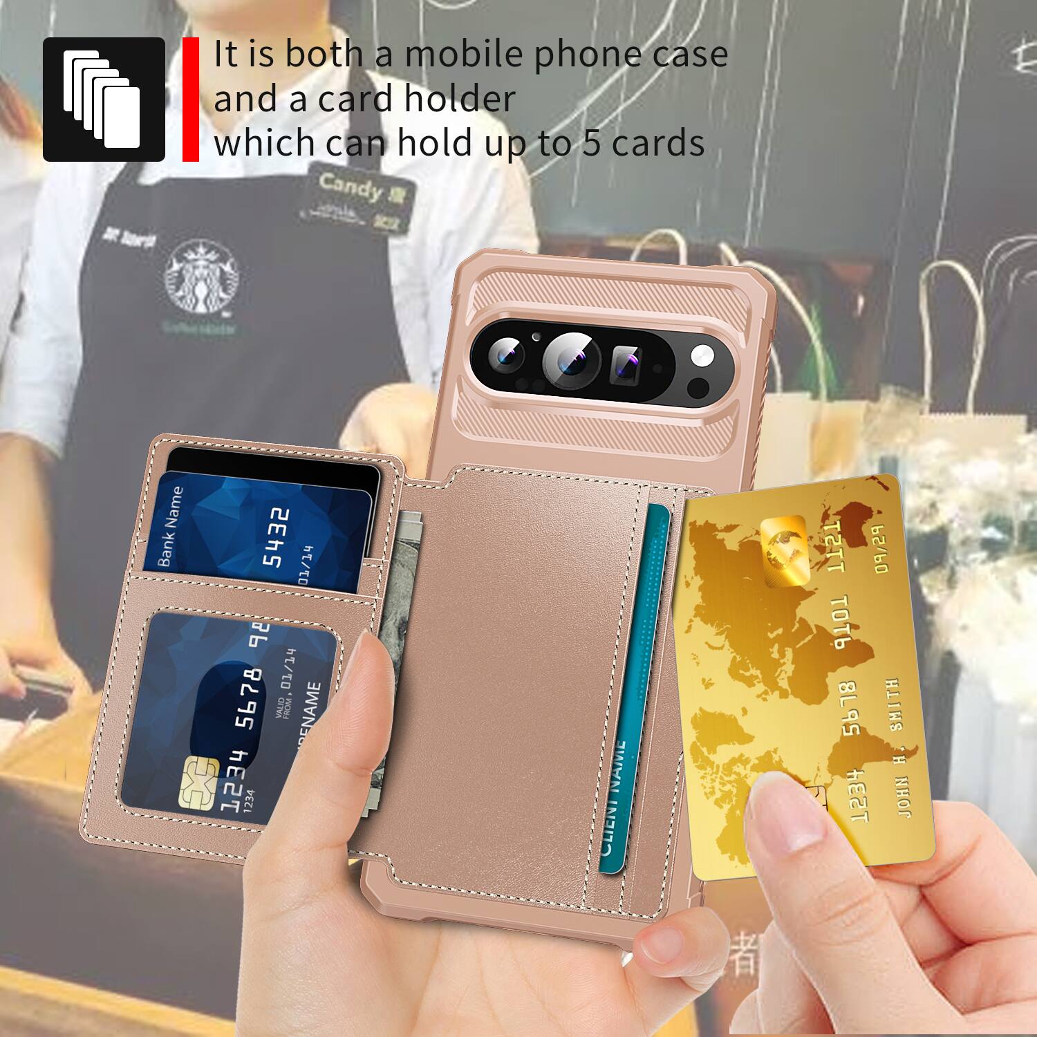 It is both a mobile phone case and a card holder which can hold up to 5 cards

Candy

Name 5432 Bank 01/14 5678 01/14 VALID FROM NAME SECOM 1234 1234

CLIENT-NAME CLIENT

TTST 09/29 5678 SMITH H. TEST JOHN