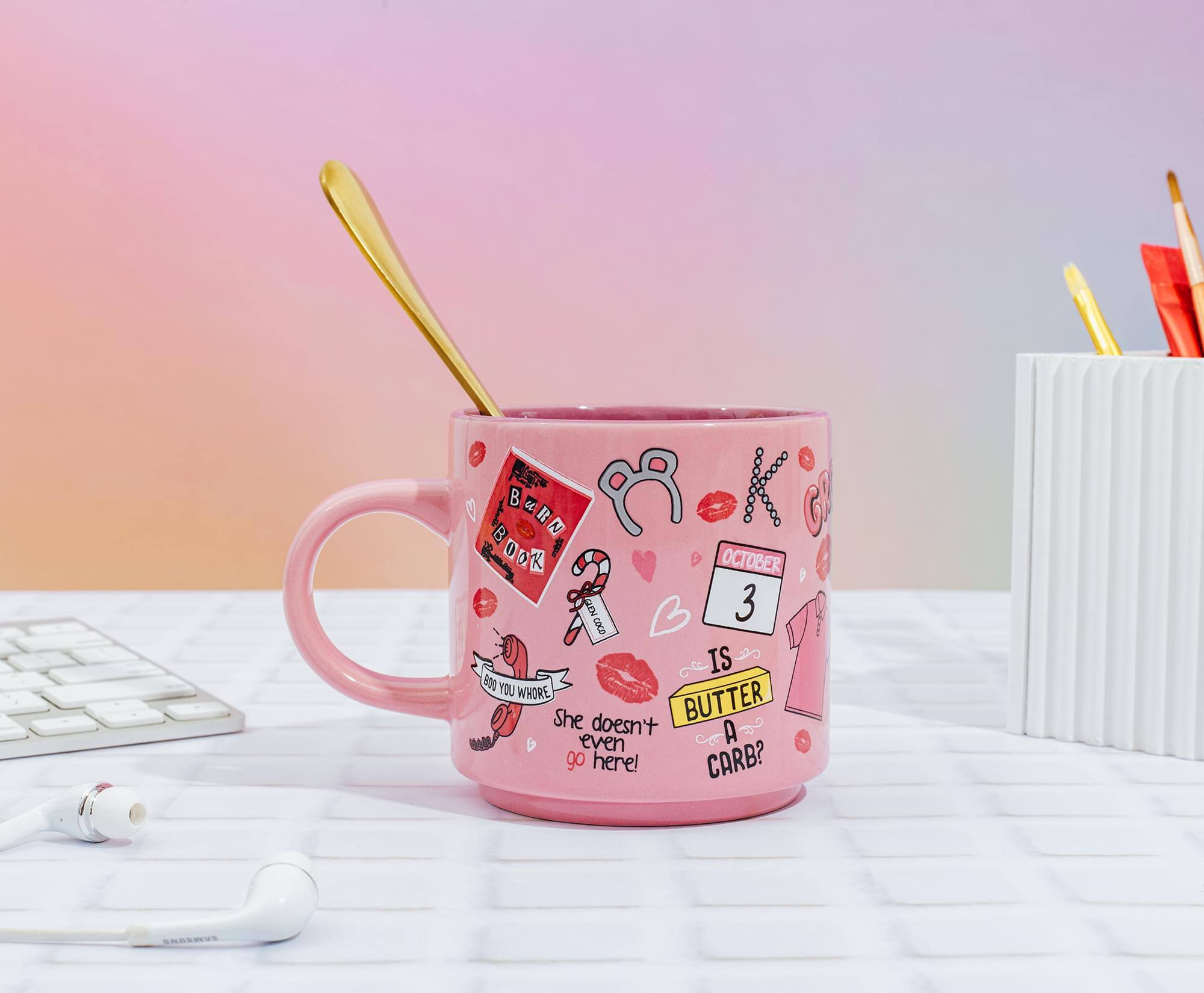 Sure, here is the corrected and grouped text from the image:

- BOB BURN BOOK
- OCTOBER 3
- IS BUTTER A CARB?
- She doesn't even go here!
- BUY YOU WHORE