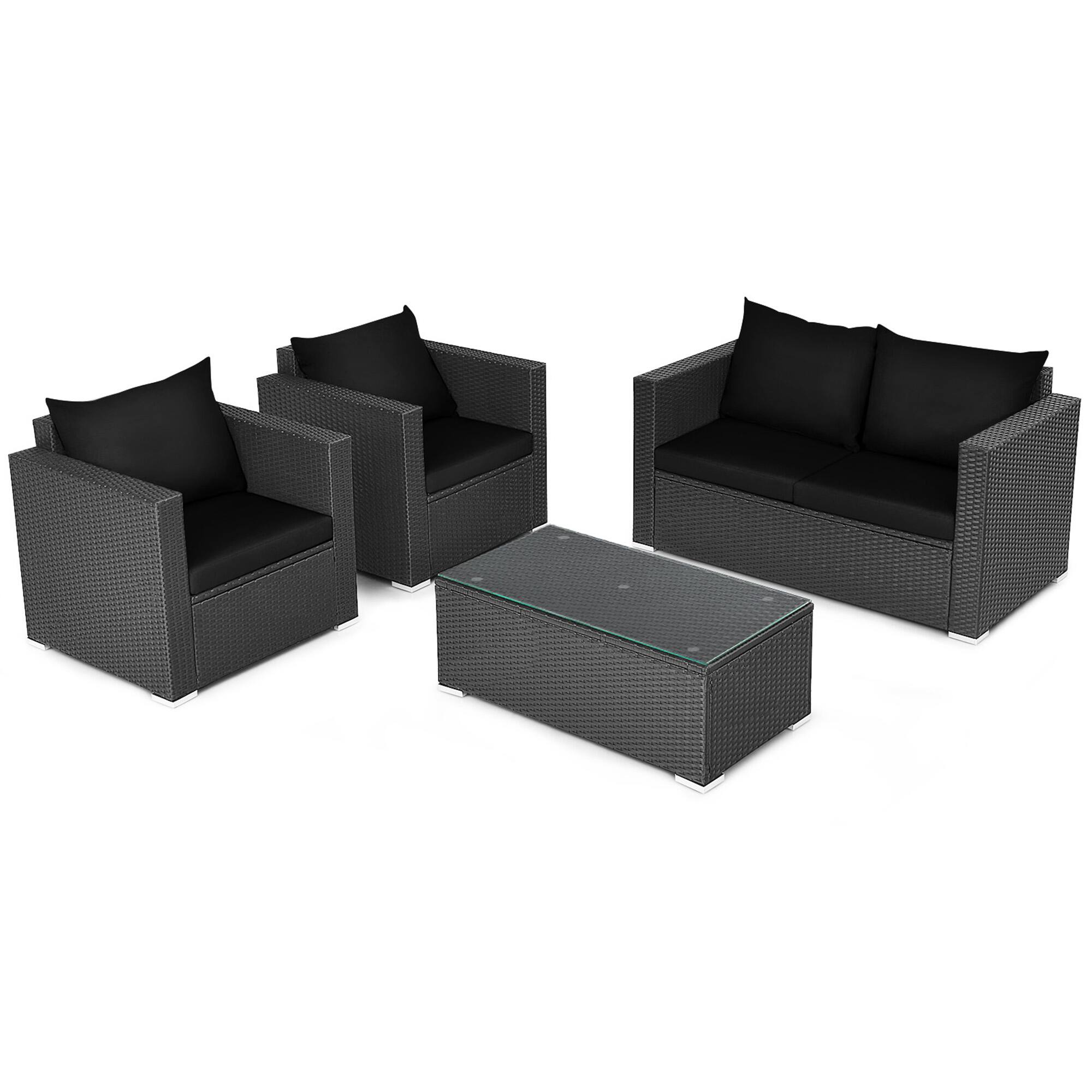 Alt View 6. Gymax - Gymax 4PCS Rattan Patio Conversation Set Outdoor Furniture Set w/ Black Cushions - Black.