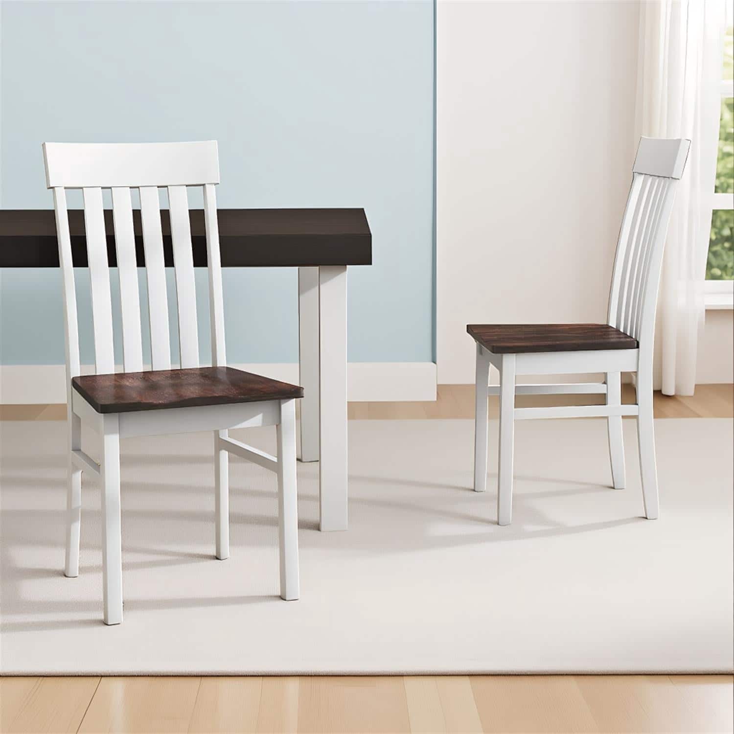 Pefilos - Kitchen Armless Dining Chair Set of 2, Slatted High Backrests, Rubber Wood Frame - White
