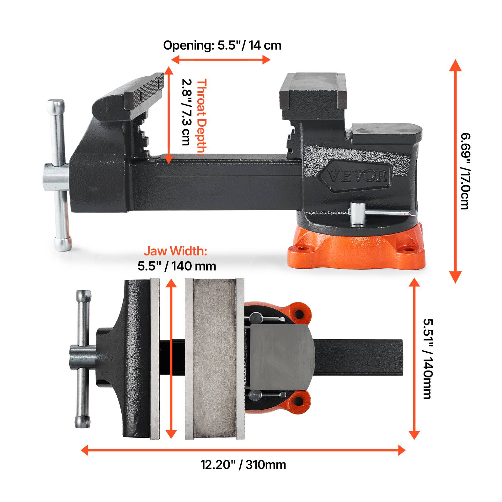 - Opening: 5.5" / 14 cm
- Throat Depth: 2.8" / 7.3 cm
- Jaw Width: 5.5" / 140 mm
- Jaw Width: 5.5" / 140 mm
- Jaw Width: 12.20" / 310 mm
- Height: 6.69" / 17.0 cm