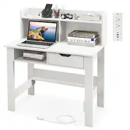 Gymax - Computer Desk w/ Power Outlets & USB Ports & Type-C Study Writing Desk w/ Hutch - White