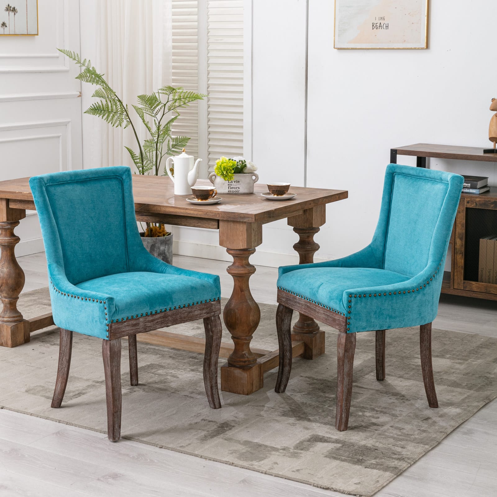 GOODSILO - Ultra Side Dining Chair Set of 2, Thickened Fabric, Solid Wood Legs, Bronze Nail Head - Blue