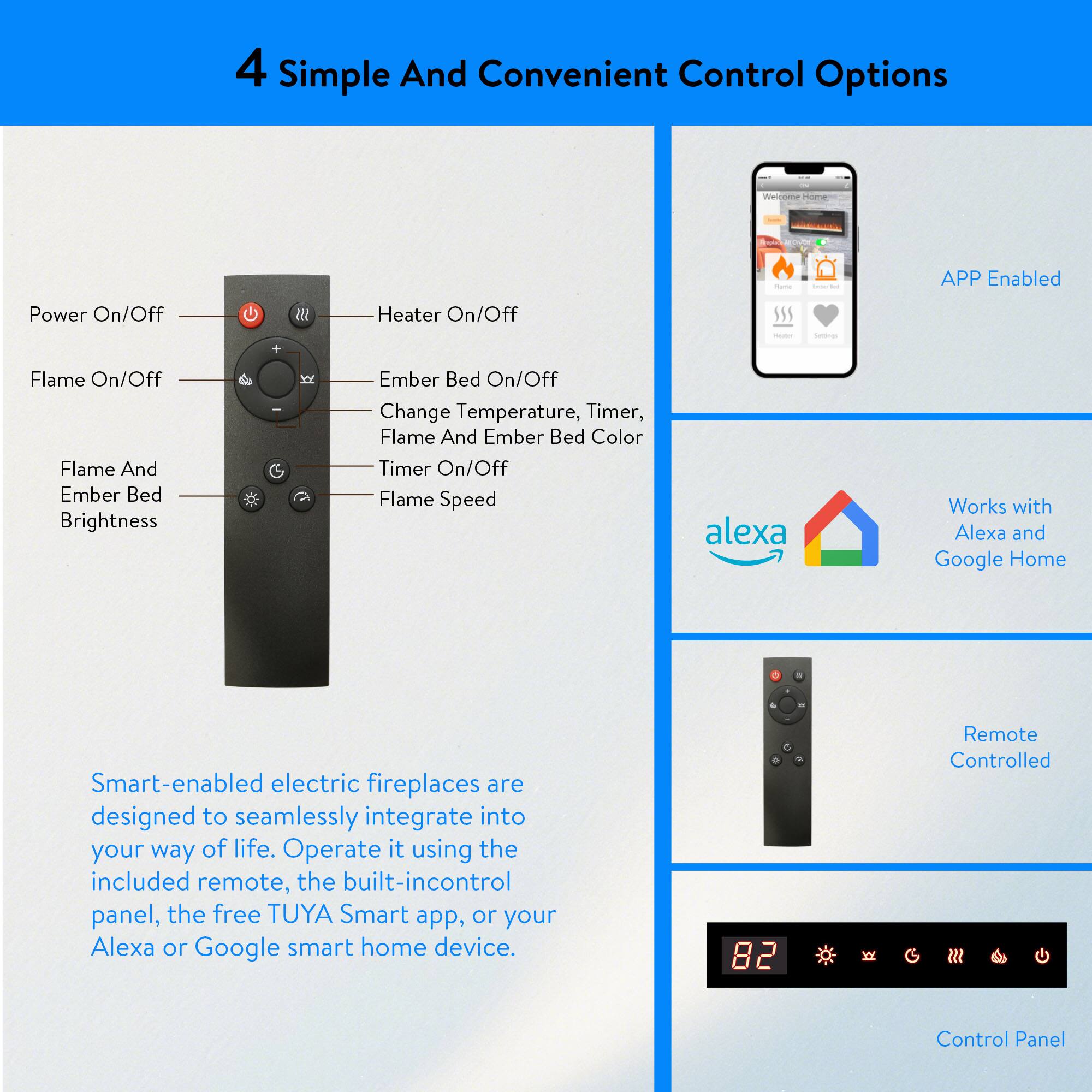4 Simple And Convenient Control Options

- Power On/Off
- Heater On/Off
- Flame On/Off
- Ember Bed On/Off
- Flame And Ember Bed Brightness
- Change Temperature, Timer, Flame And Ember Bed Color
- Timer On/Off
- Flame Speed

APP Enabled

Works with Alexa and Google Home

Remote Controlled

Control Panel

Smart-enabled electric fireplaces are designed to seamlessly integrate into your way of life. Operate it using the included remote, the built-in control panel, the free TUYA Smart app, or your Alexa or Google smart home device.