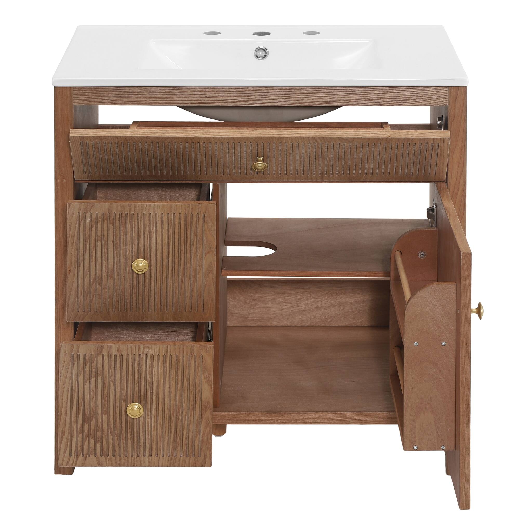 Alt View 1. JUJABU - 30 Inch Freestanding Farmhouse Bathroom Vanity with Integrated White Ceramic Sink Top and Soft Close Doors - Natural.