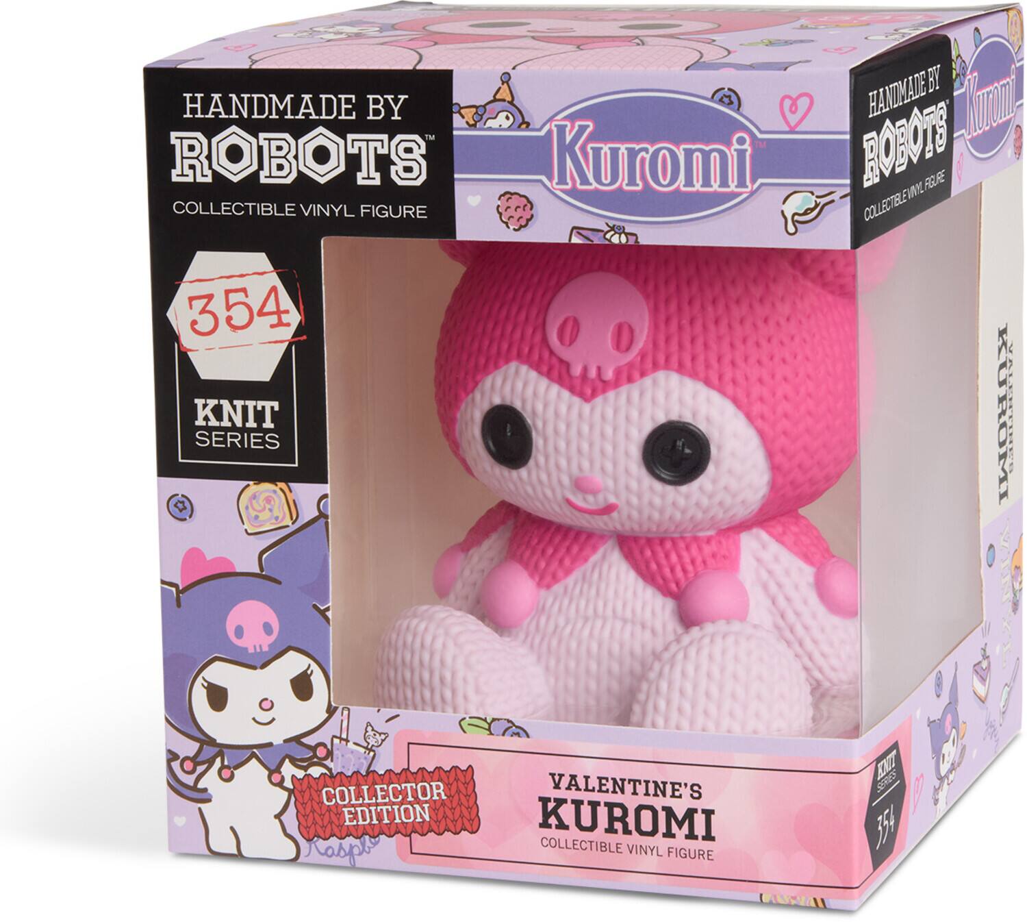 HANDMADE BY ROBOTS  
COLLECTIBLE VINYL FIGURE  

354  
KNIT SERIES  

Kuromi  
COLLECTOR EDITION  
VALENTINE'S KUROMI  
COLLECTIBLE VINYL FIGURE