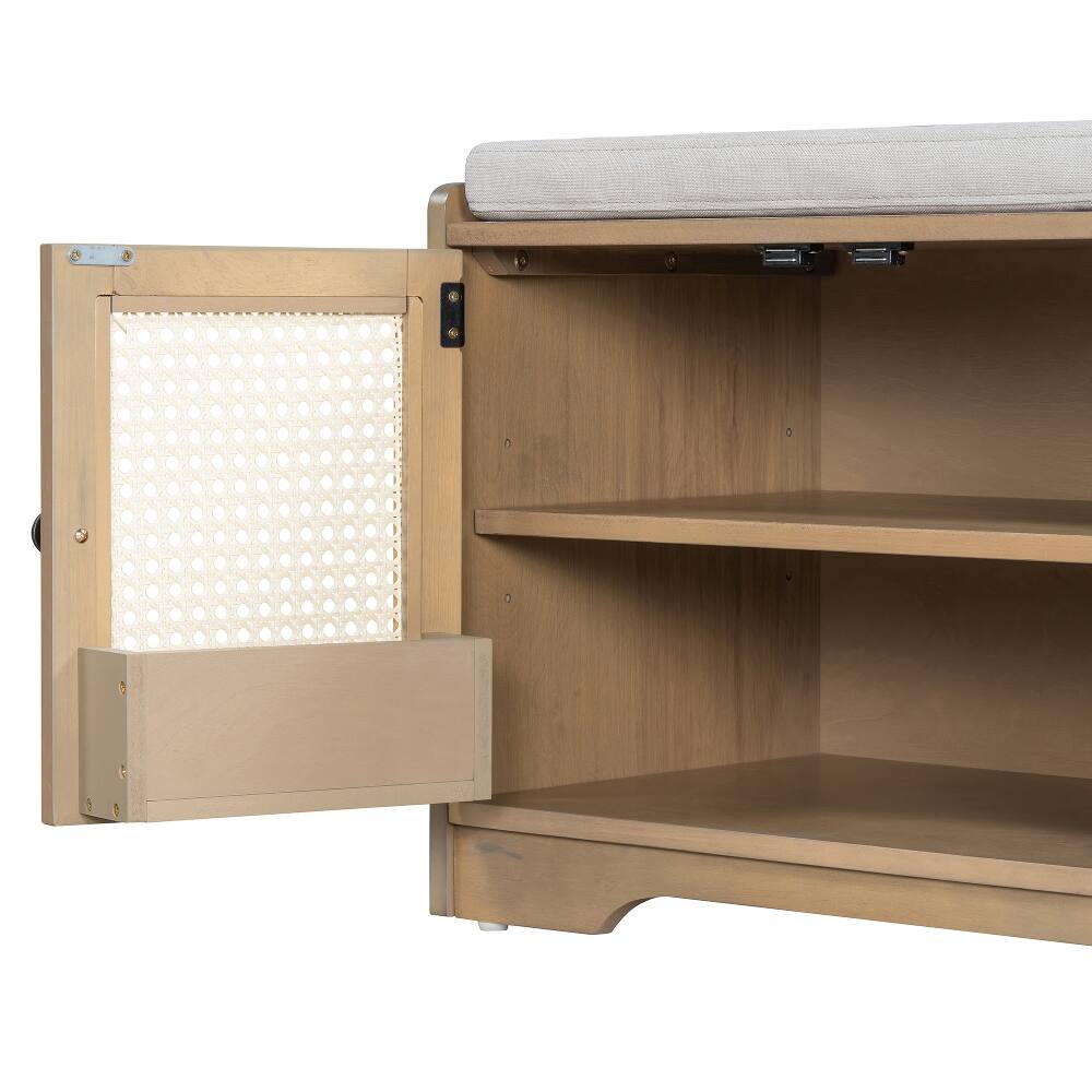 Angle. Ropilly - Ropilly Rustic Storage Bench with Cushion, Woven Rattan Entryway Shoe Bench with Adjustable Shelves for Hallway, Brown - Brown+Beige.