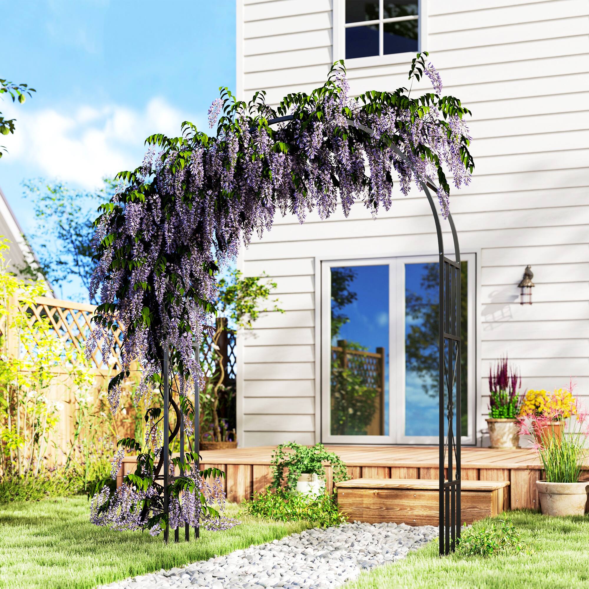 Angle. Outsunny - 7.3ft Steel Garden Arch Trellis, Garden Arbor Trellis for Climbing Plants Roses Wisteria Vines - Black.