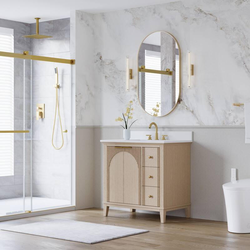 Angle. WELLFOR - 36 in Modern Solid Wood Bathroom Vanity with Sink, Bathroom Cabinet with Soft-Close 2 Doors& 3 Drawers - Oak.