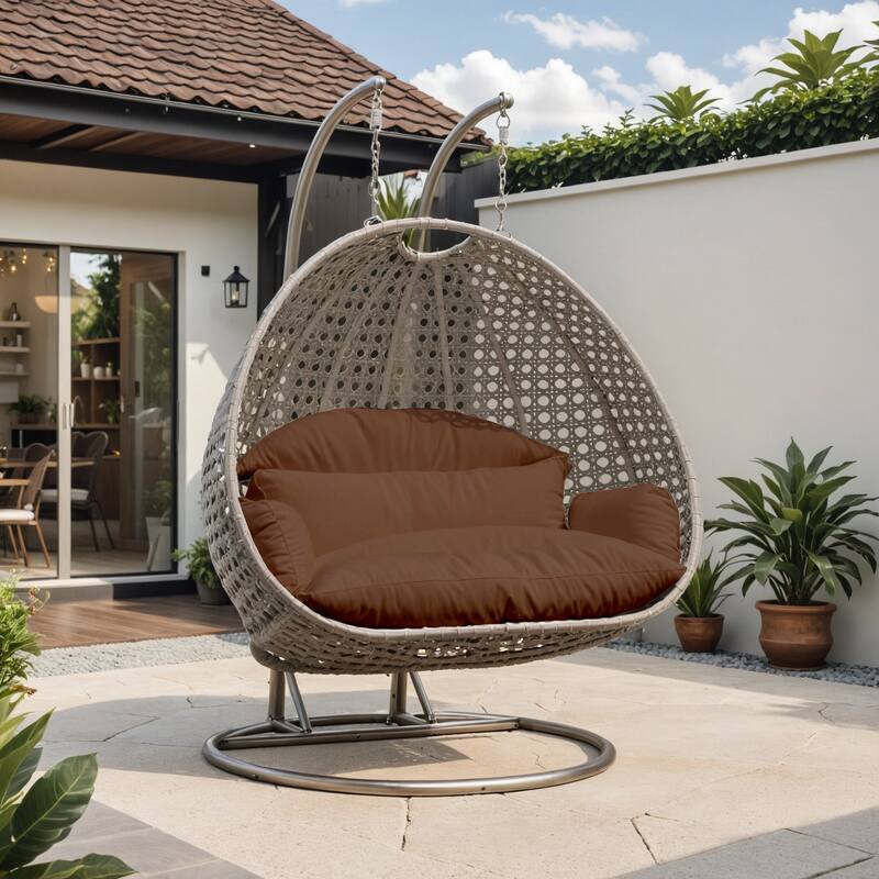 Angle. LeisureMod - Leisuremod 2-Person Wicker Egg Swing Chair with Stand & Washable Cushions - Indoor/Outdoor Double Hanging Patio Chair - Brown.