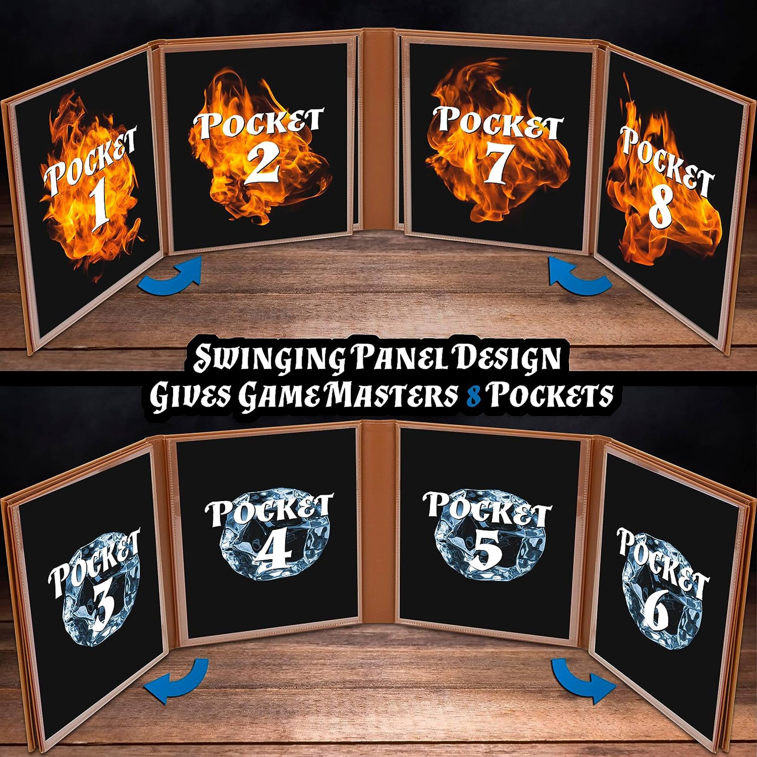 POCKET 1  
POCKET 2  
POCKET 3  
POCKET 4  
POCKET 5  
POCKET 6  
POCKET 7  
POCKET 8  

Swinging Panel Design Gives Game Masters 8 Pockets