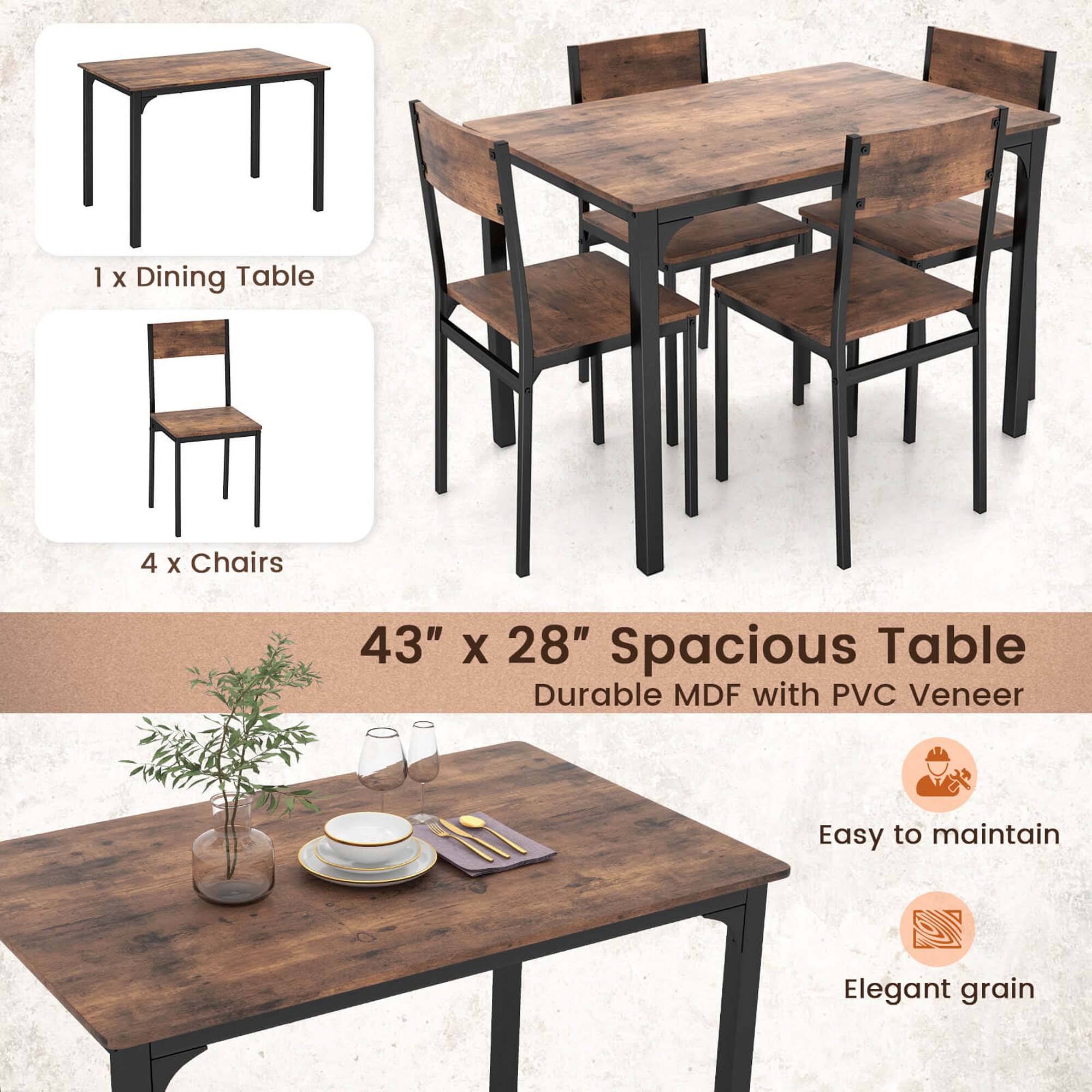 "1 x Dining Table, 4 x Chairs, 43" x 28" Spacious Table, Durable MDF with PVC Veneer, Easy to maintain, Elegant grain."