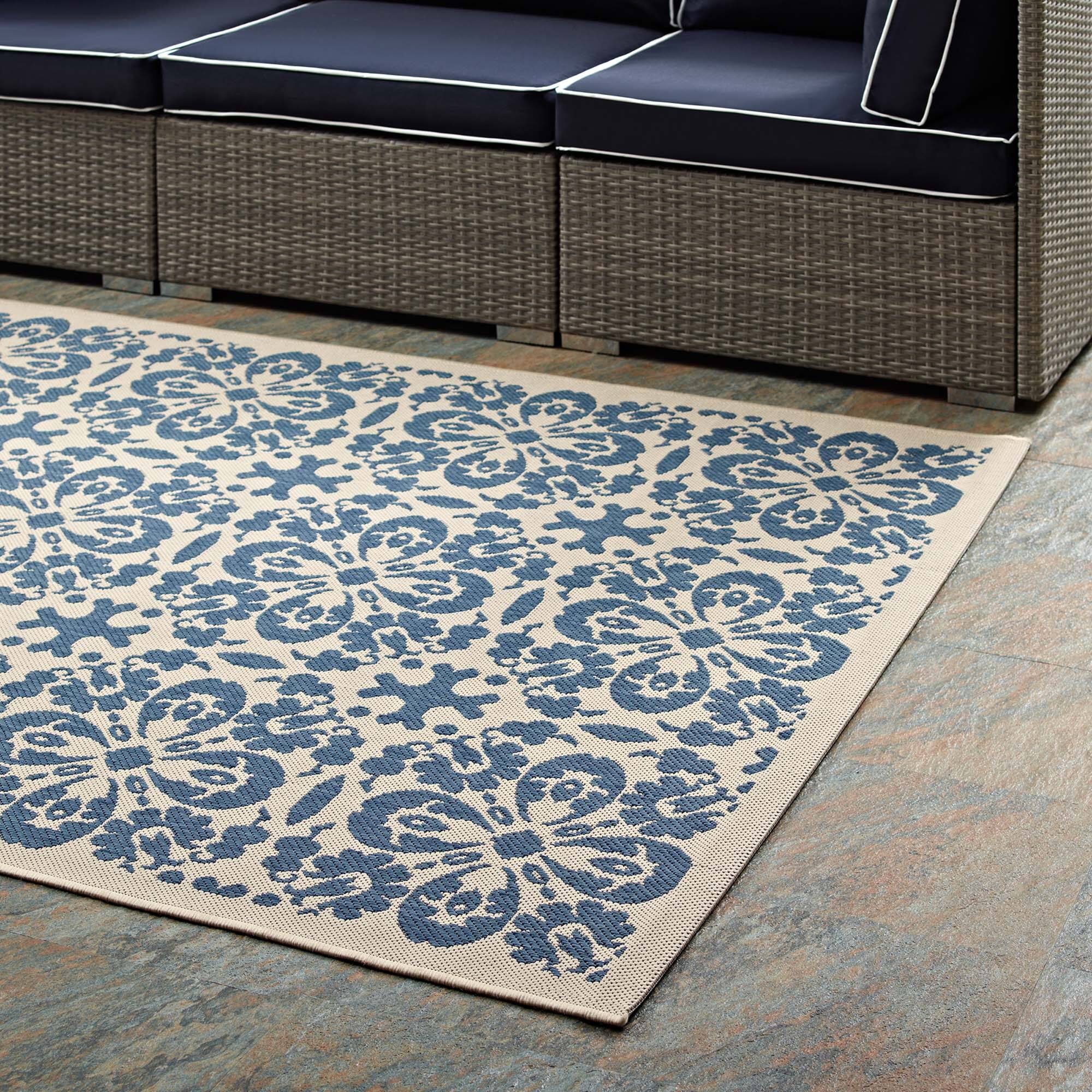 Alt View 2. Modway - Ariana Vintage Floral Trellis Indoor and Outdoor Area Rug - Blue and Beige.