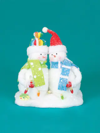 Front. CC Christmas Decor - 9.5" White and Green Cupcake Heaven Fluffy Snowmen with Light Strand Christmas Tabletop Figurine - White.